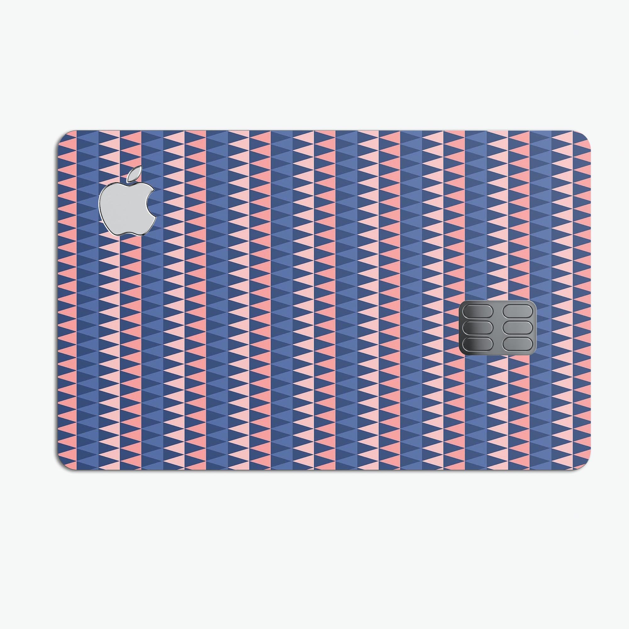 Coral and navy micro triangles decal skin kit for Apple Card, showcasing premium vinyl design for protection and style.