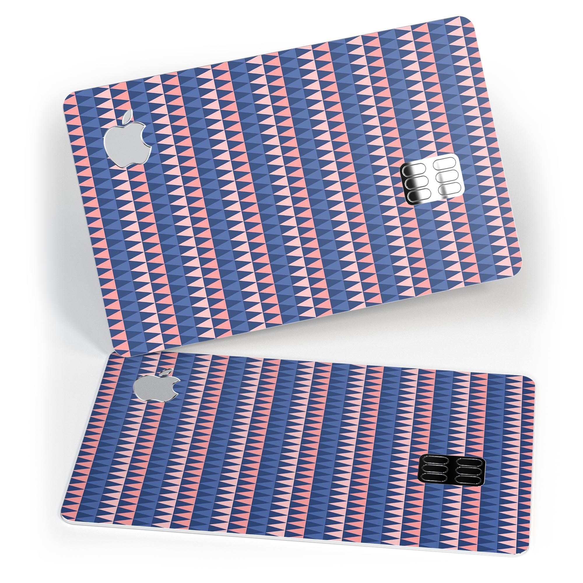 Coral and navy micro triangles decal skin kit for Apple Card, showcasing premium vinyl design for protection and style.
