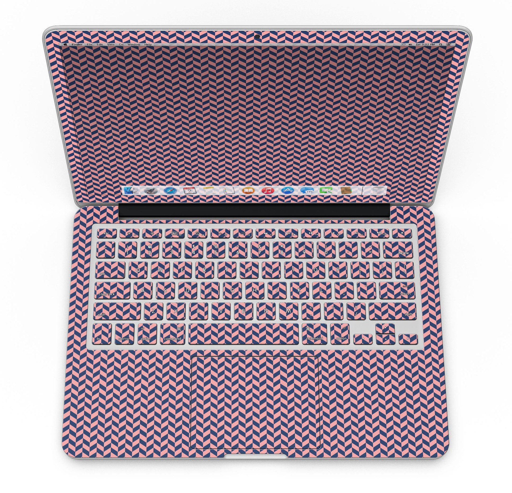 Coral and navy micro woven pattern skin for MacBook Pro with Retina Display, showcasing a stylish design that protects the device.