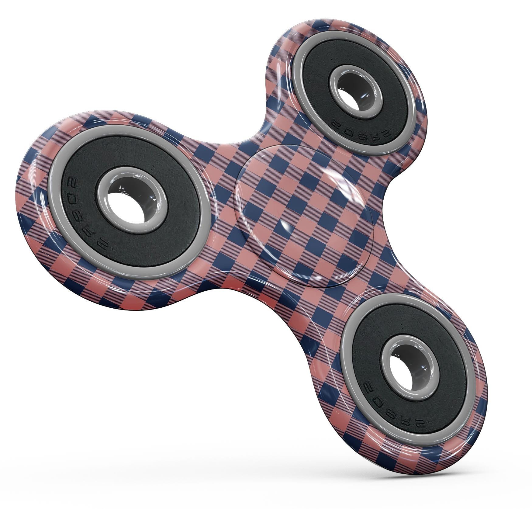 Coral and navy plaid pattern skin kit for fidget spinner, showcasing vibrant colors and a stylish design.