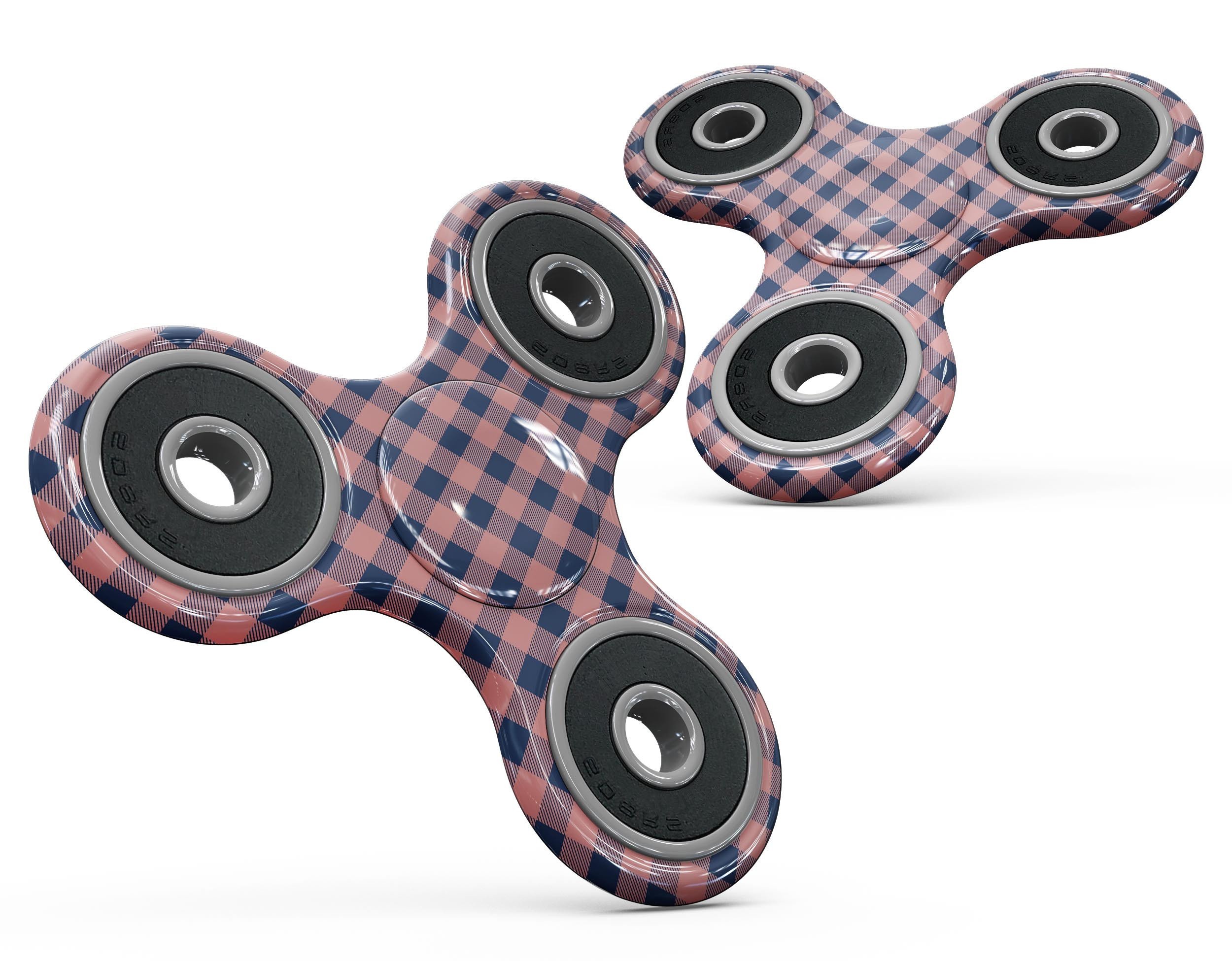 Coral and navy plaid pattern skin kit for fidget spinner, showcasing vibrant colors and a stylish design.