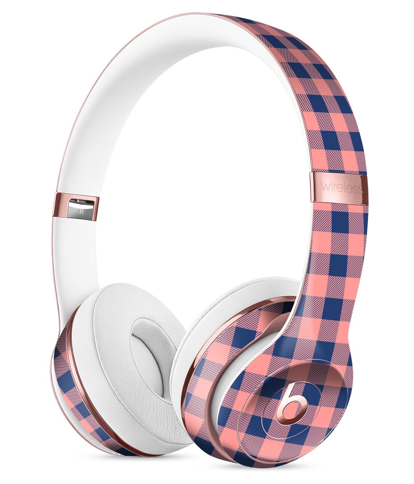 Coral and navy plaid pattern skin kit for Beats by Dre Solo 3 Wireless headphones, showcasing vibrant colors and sleek design.