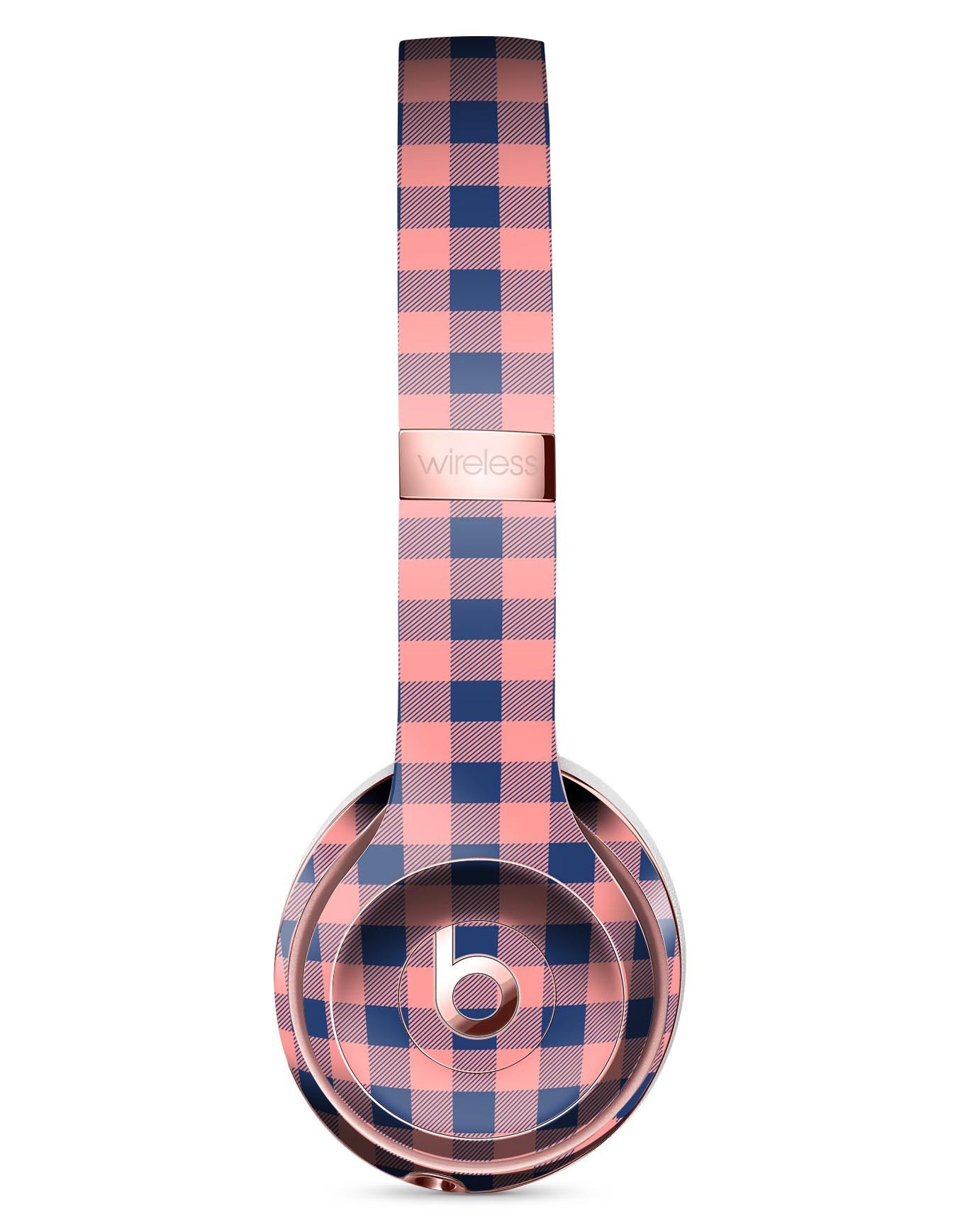 Coral and navy plaid pattern skin kit for Beats by Dre Solo 3 Wireless headphones, showcasing vibrant colors and sleek design.