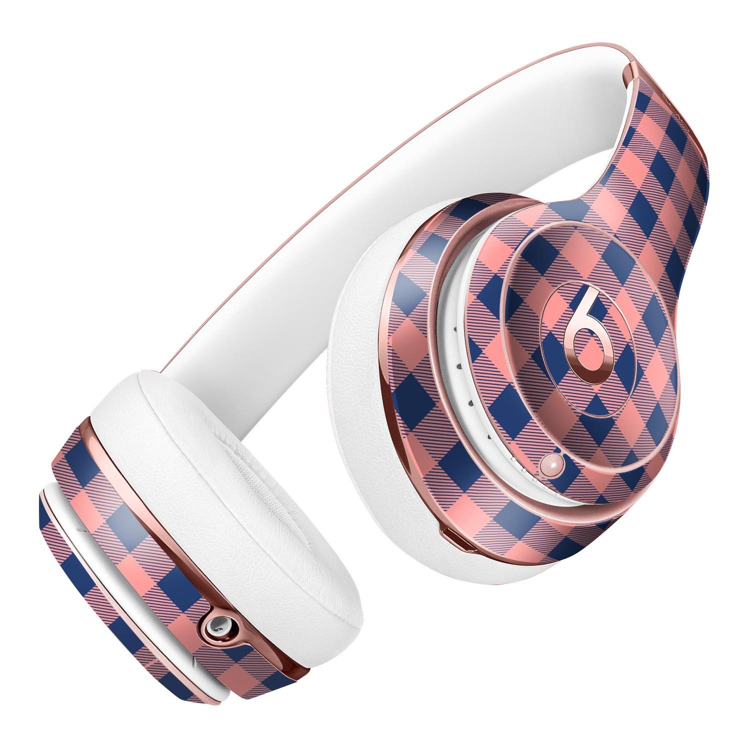 Coral and navy plaid pattern skin kit for Beats by Dre Solo 3 Wireless headphones, showcasing vibrant colors and sleek design.