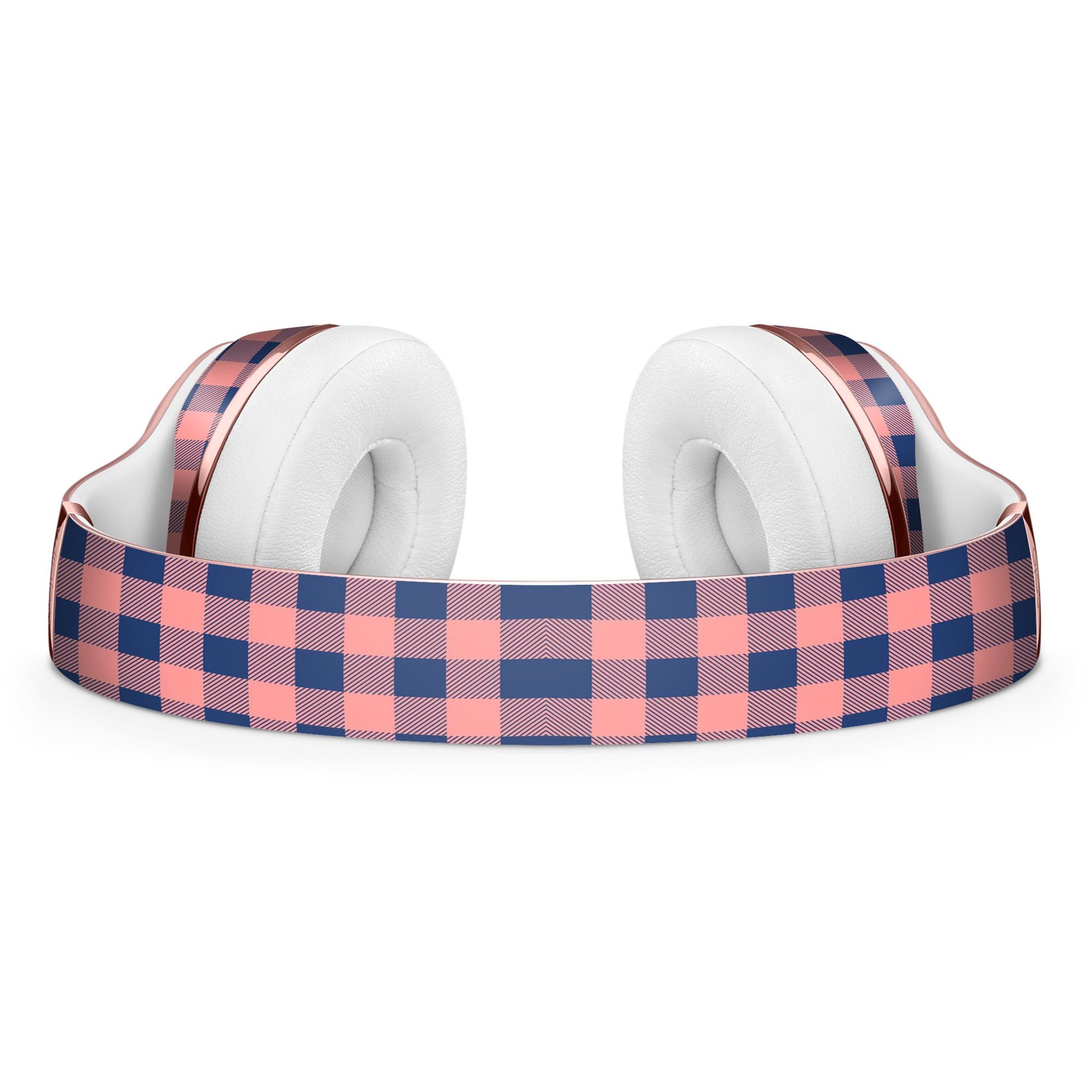 Coral and navy plaid pattern skin kit for Beats by Dre Solo 3 Wireless headphones, showcasing vibrant colors and sleek design.