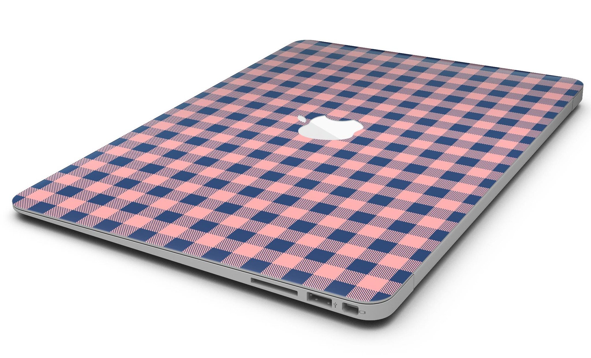 Coral and navy plaid pattern skin kit for MacBook Air, showcasing vibrant colors and stylish design.