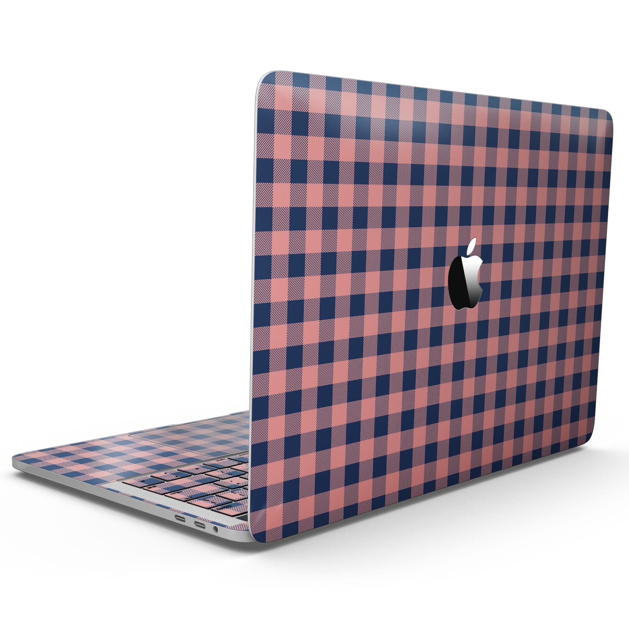 Coral and navy plaid pattern skin kit for MacBook Pro with Touch Bar, showcasing vibrant colors and sleek design.