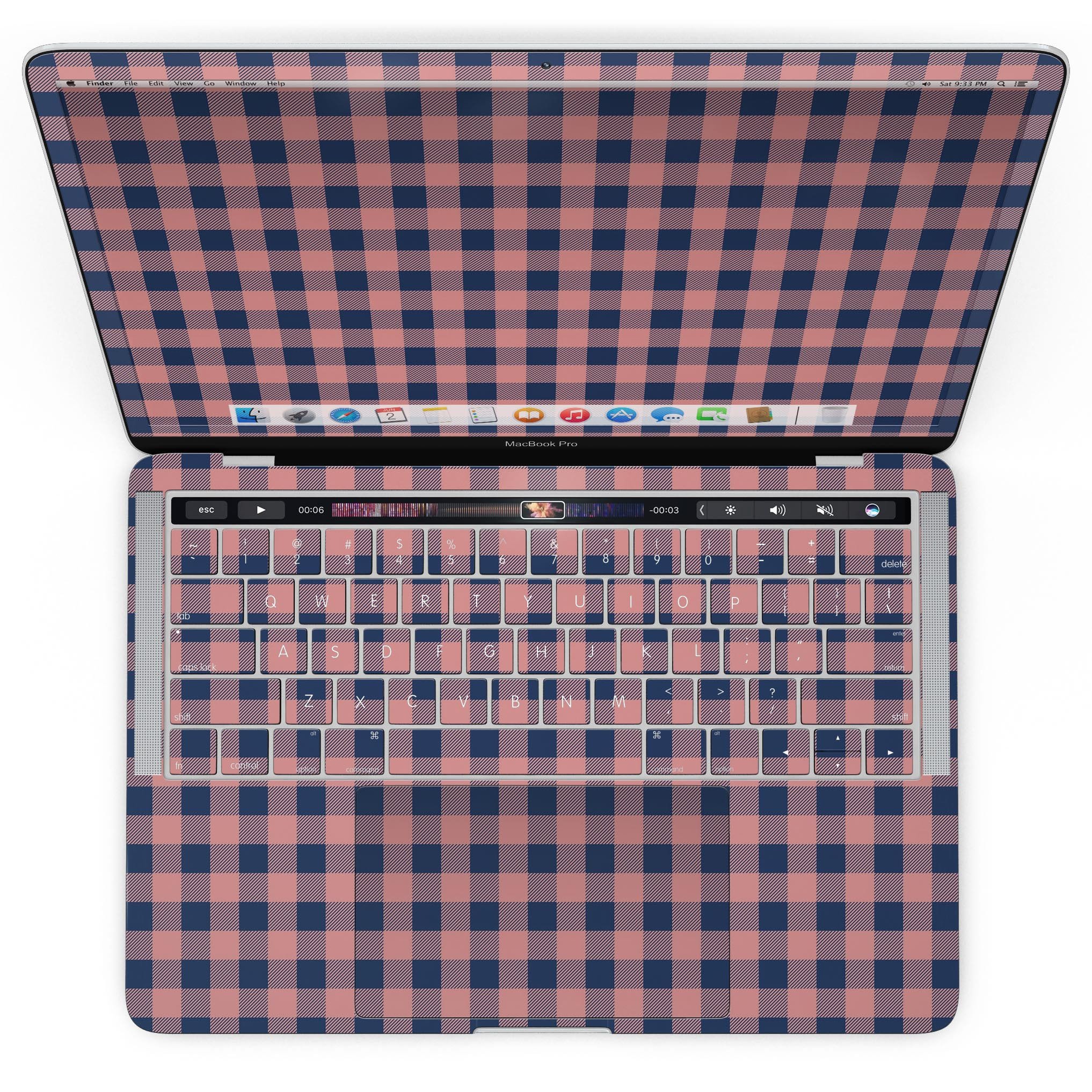 Coral and navy plaid pattern skin kit for MacBook Pro with Touch Bar, showcasing vibrant colors and sleek design.