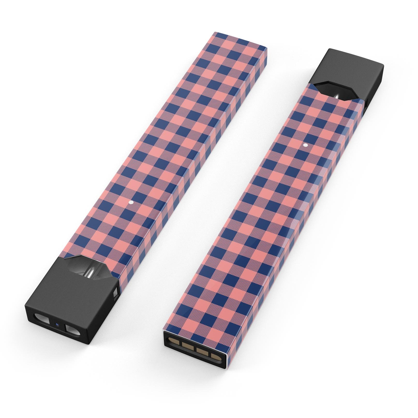 Coral and Navy Plaid Pattern Premium Decal Skin-Wrap for JUUL device, showcasing vibrant colors and a stylish design.