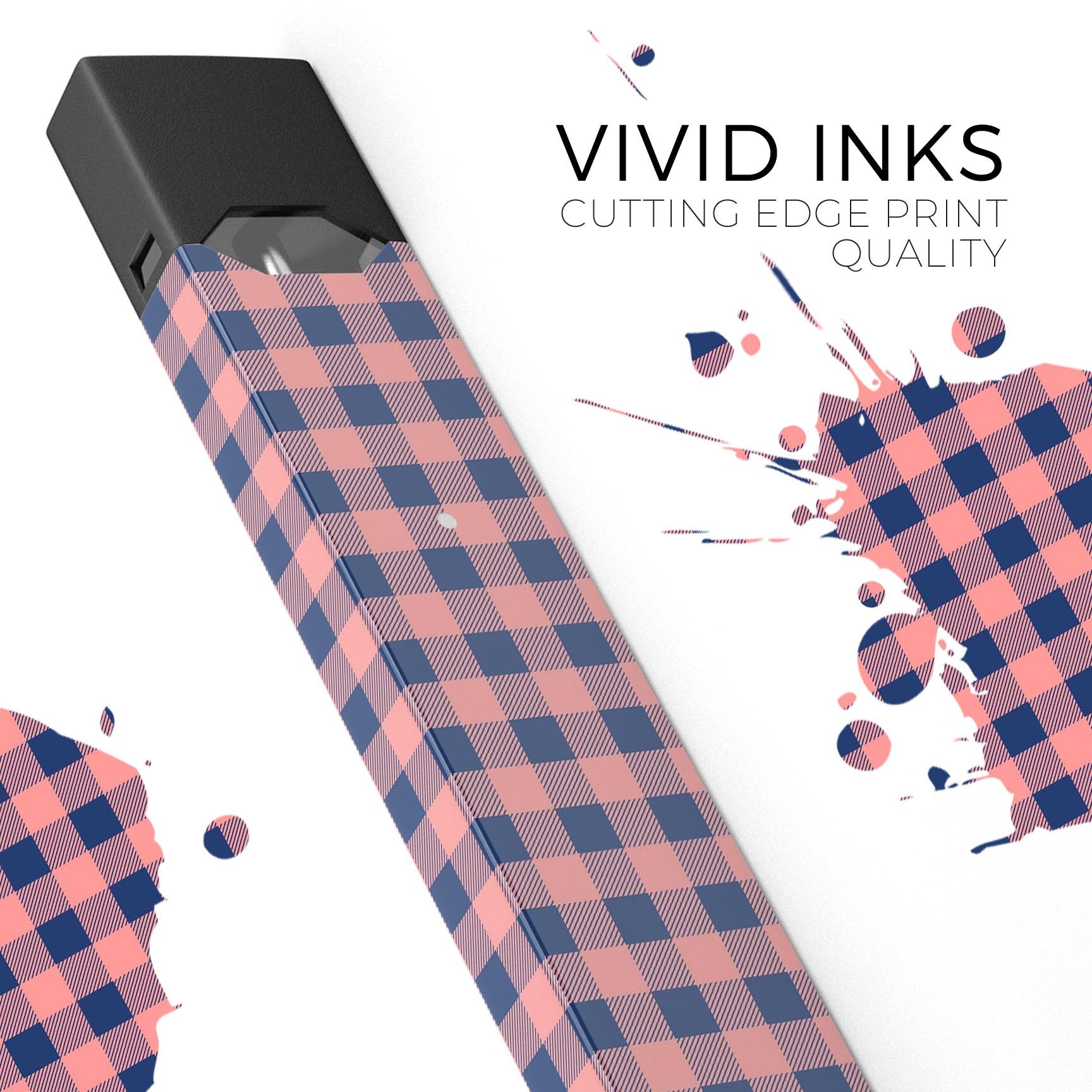 Coral and Navy Plaid Pattern Premium Decal Skin-Wrap for JUUL device, showcasing vibrant colors and a stylish design.