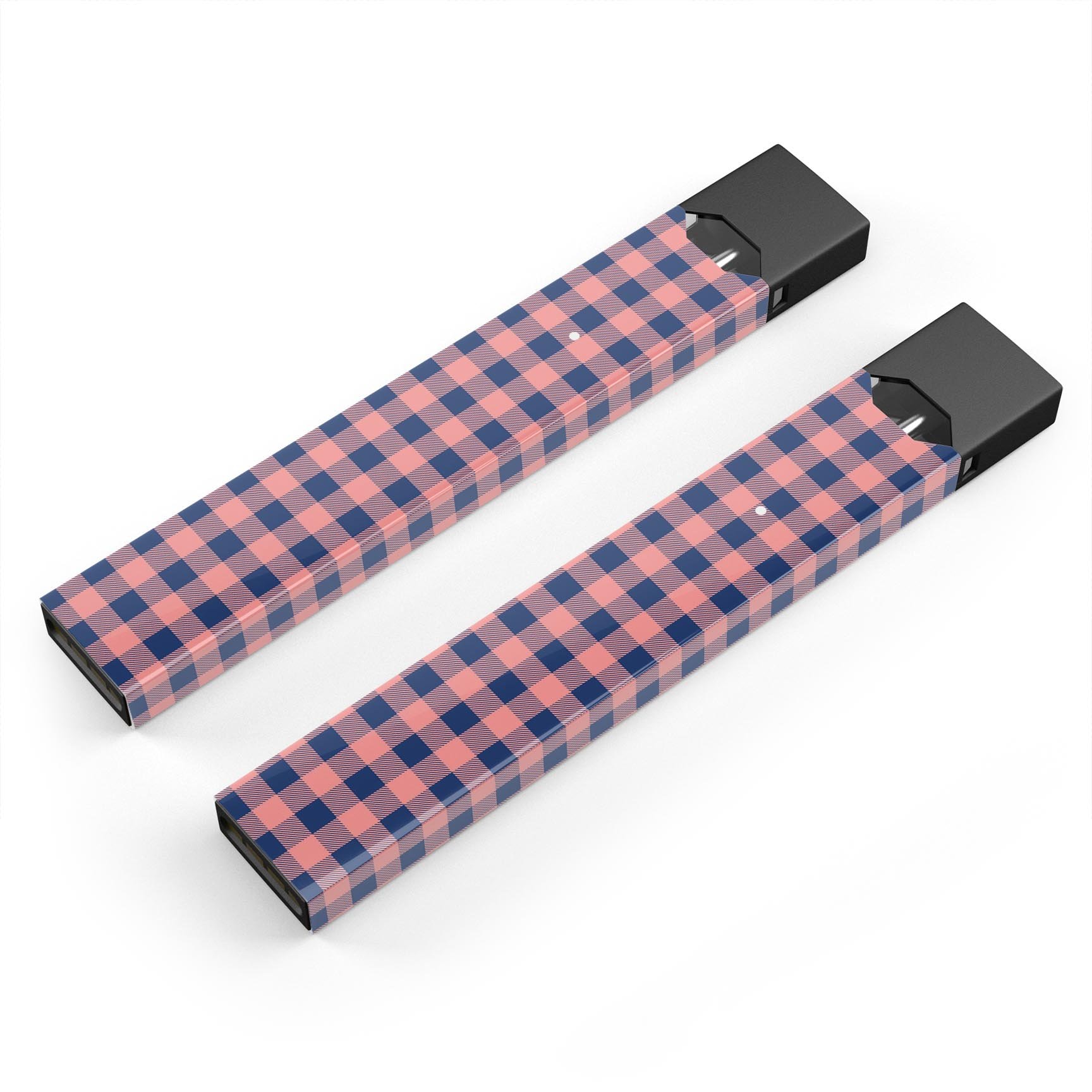 Coral and Navy Plaid Pattern Premium Decal Skin-Wrap for JUUL device, showcasing vibrant colors and a stylish design.