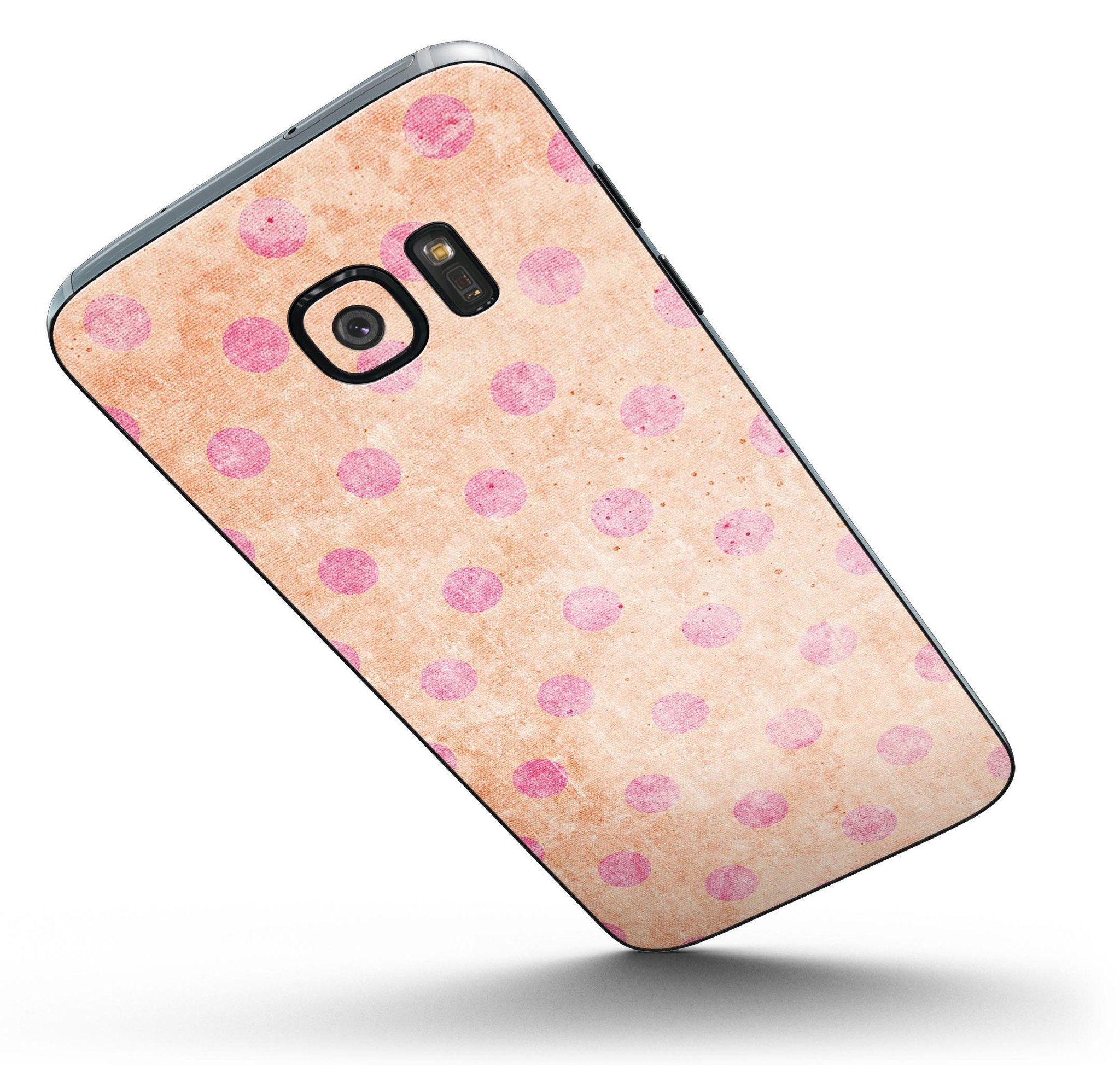 Coral and pink scratched polka dots skin kit for Samsung Galaxy S7 and S7 Edge, showcasing vibrant colors and stylish design.