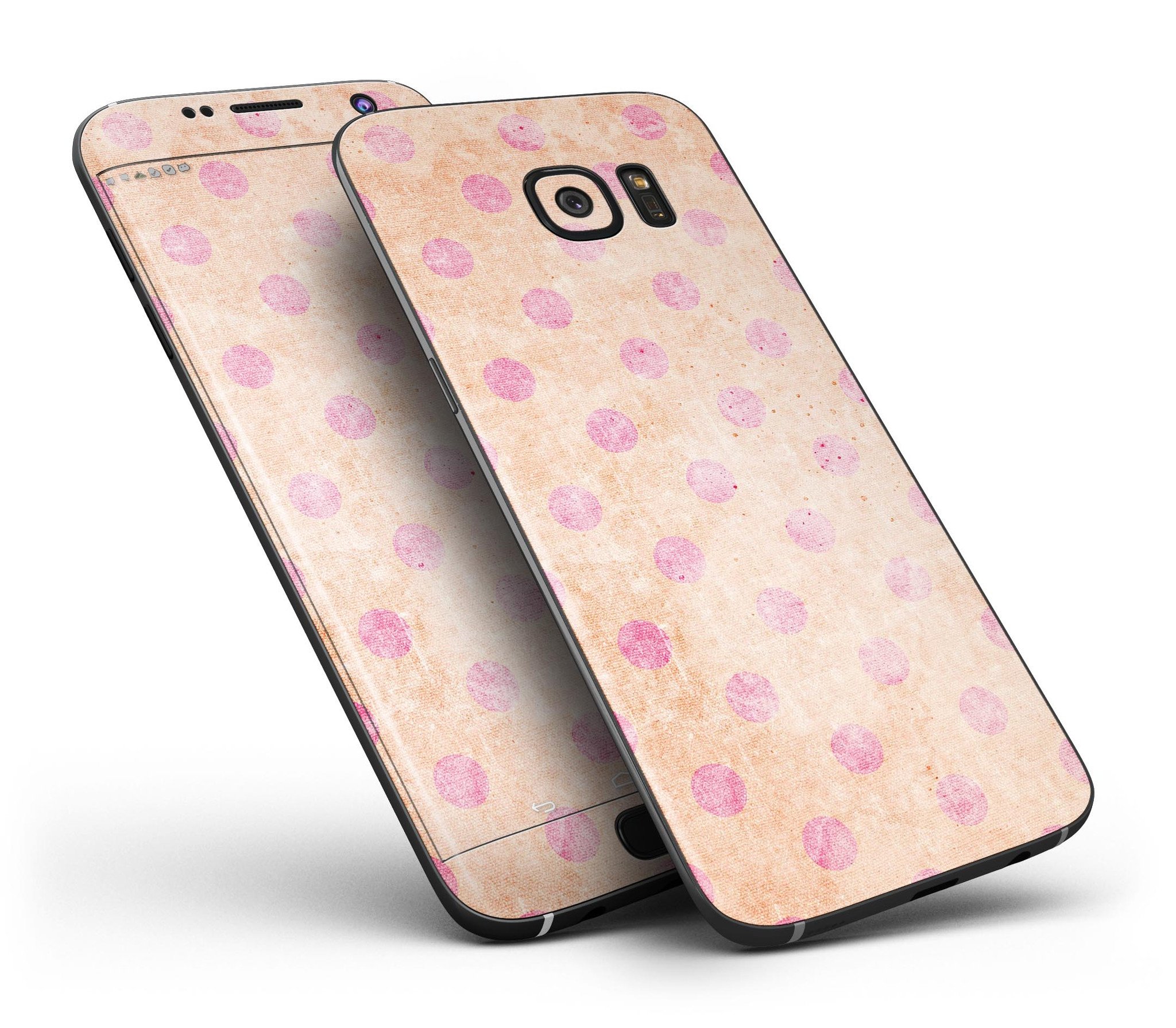 Coral and pink scratched polka dots skin kit for Samsung Galaxy S7 and S7 Edge, showcasing vibrant colors and stylish design.