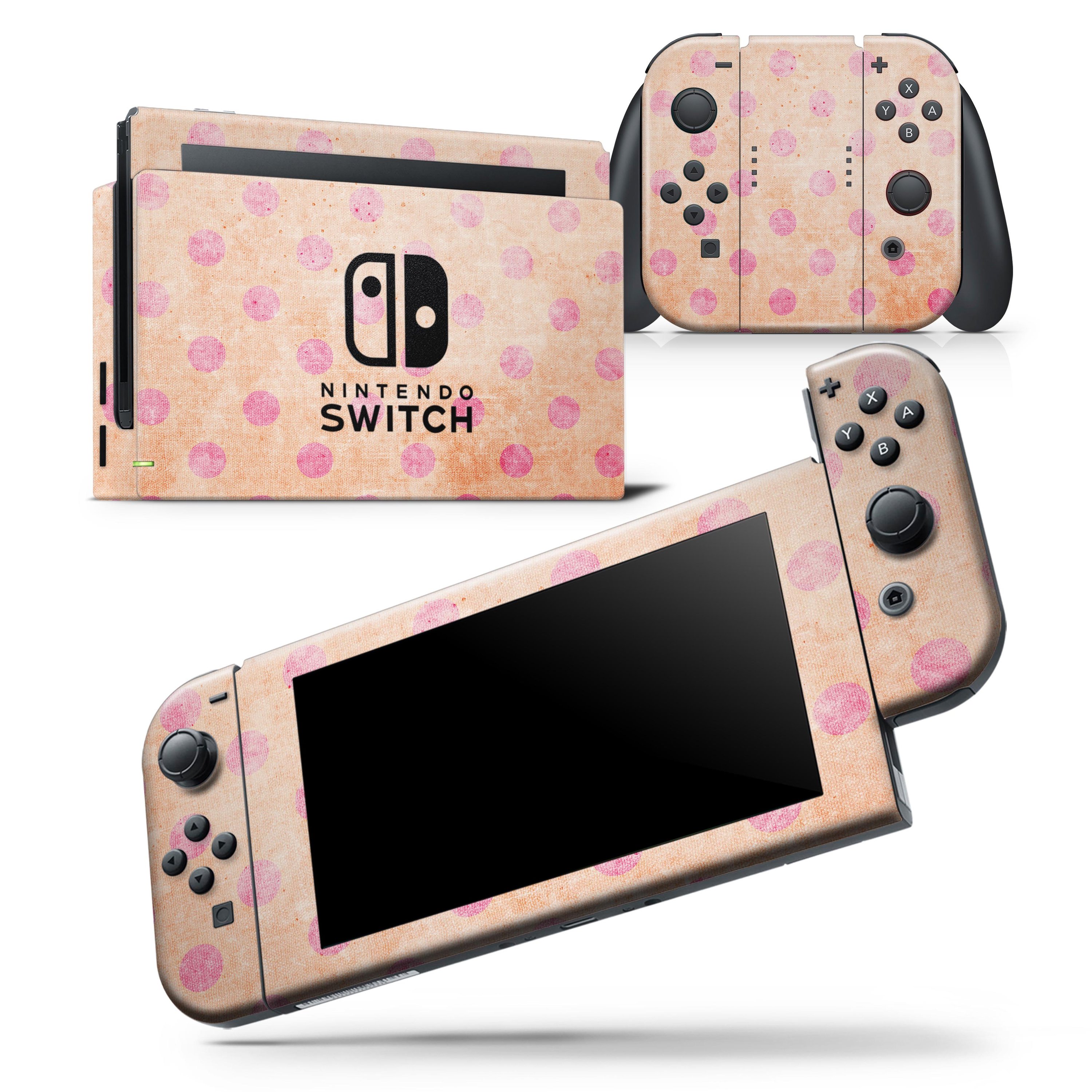 Coral and pink scratched polka dots skin wrap decal for Nintendo Switch, showcasing a vibrant design that fits snugly on the console and controllers.
