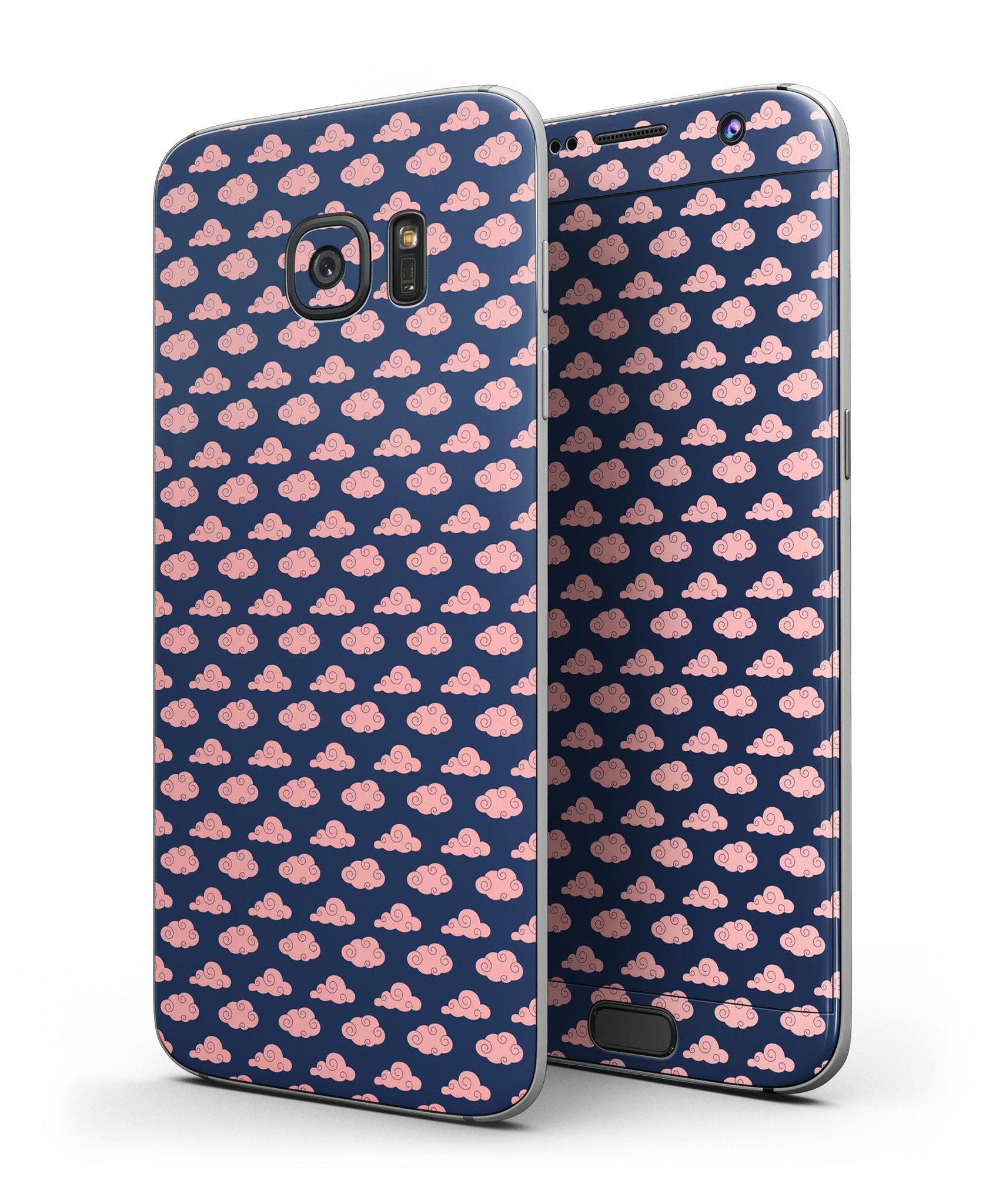 Coral Micro Cloud Swirls Over Navy skin kit for Samsung Galaxy S7 and S7 Edge, showcasing vibrant colors and sleek design.