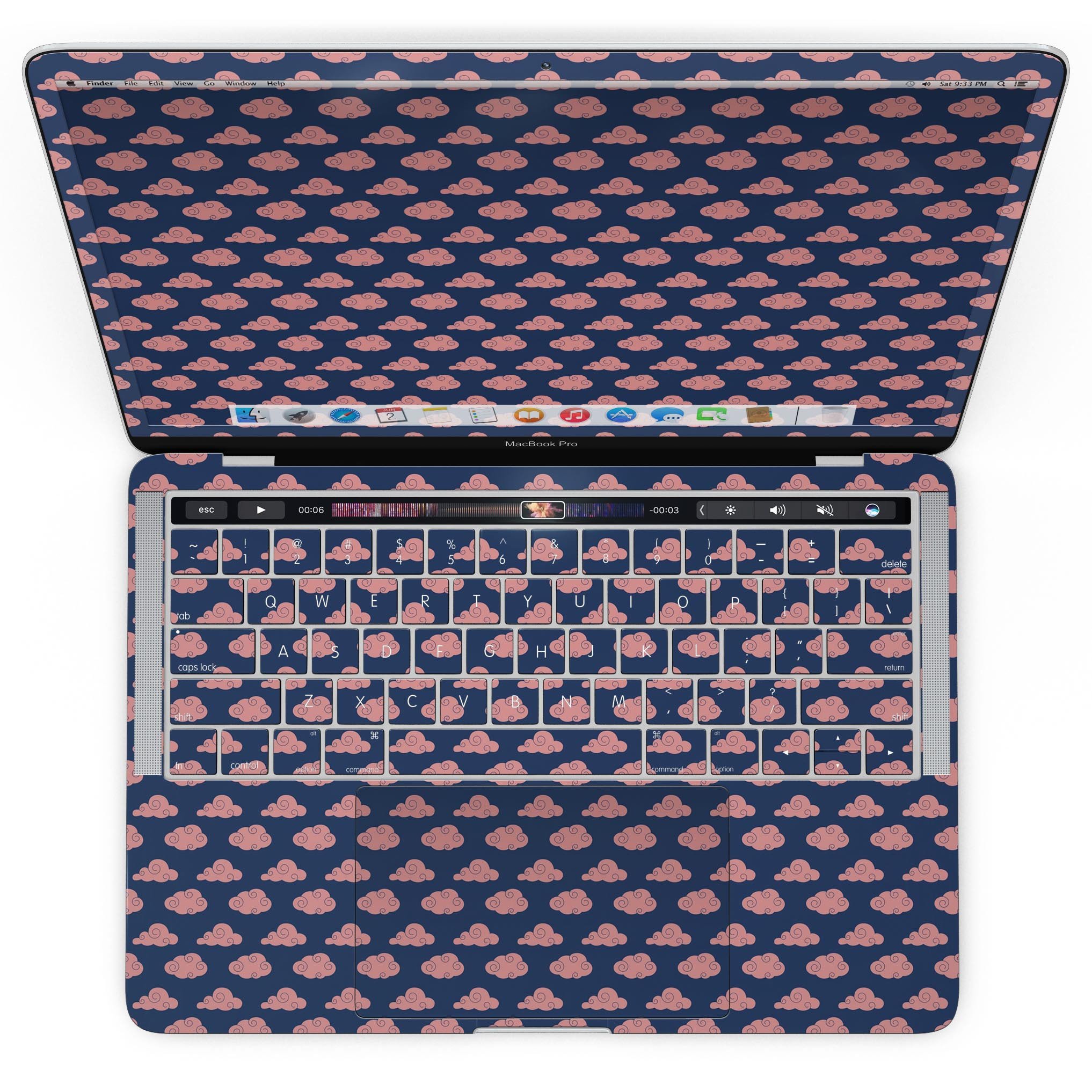 Coral Micro Cloud Swirls skin for MacBook Pro with Touch Bar, showcasing vibrant coral patterns over a navy background.
