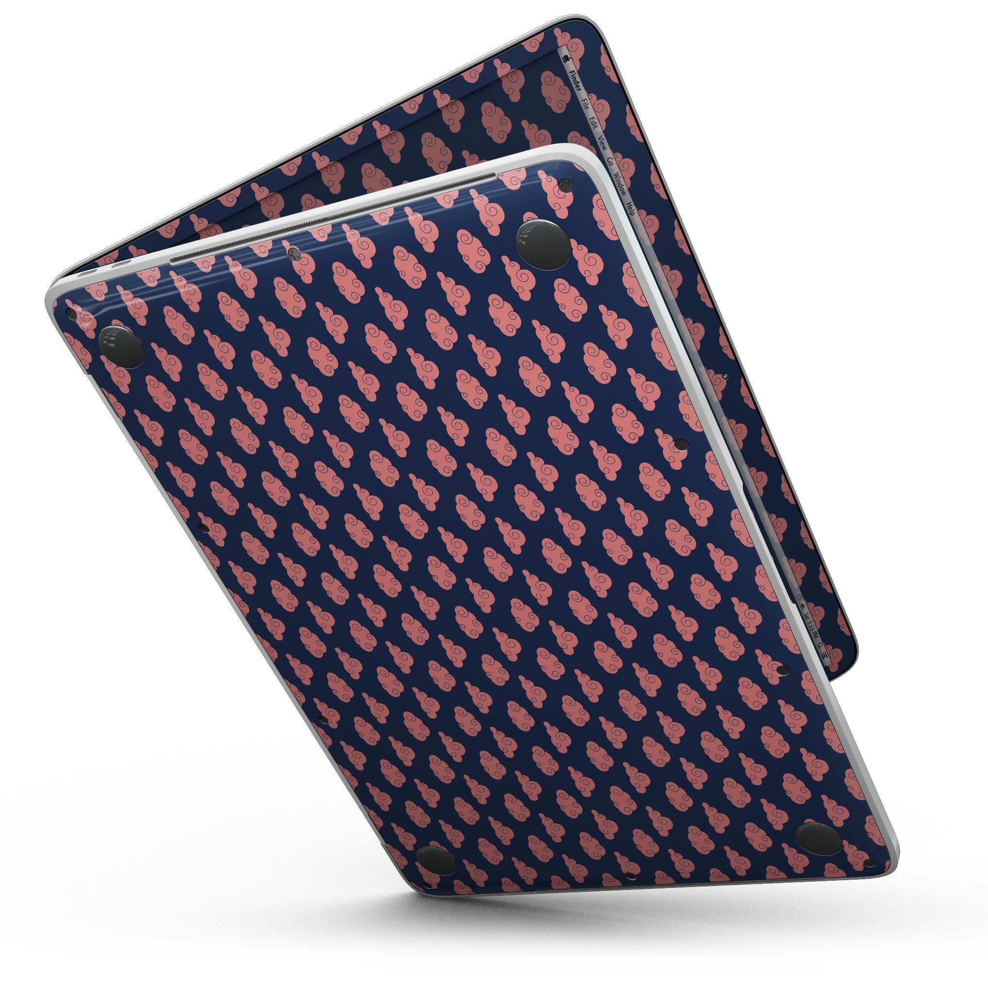 Coral Micro Cloud Swirls skin for MacBook Pro with Touch Bar, showcasing vibrant coral patterns over a navy background.