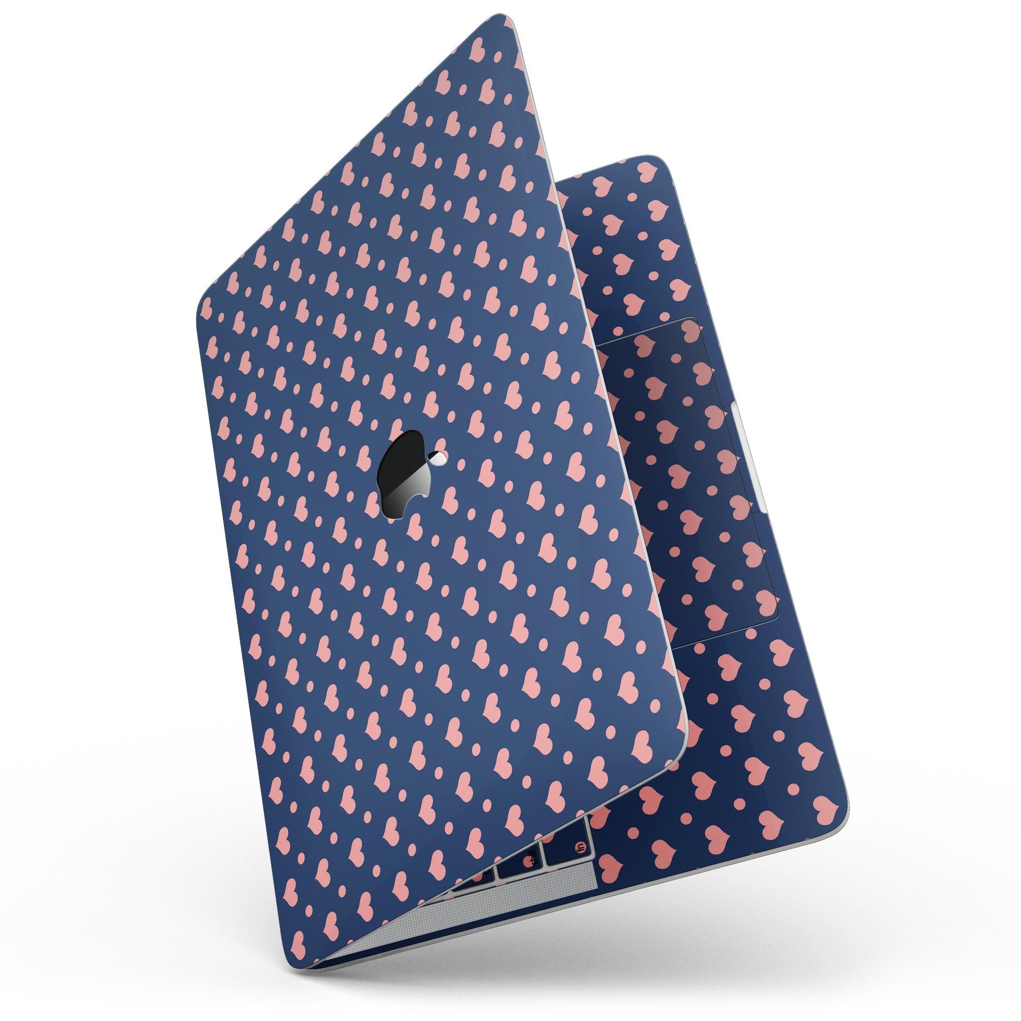 Coral Micro Hearts and Dots skin for 13" MacBook Pro without Touch Bar, showcasing vibrant patterns on a sleek device.