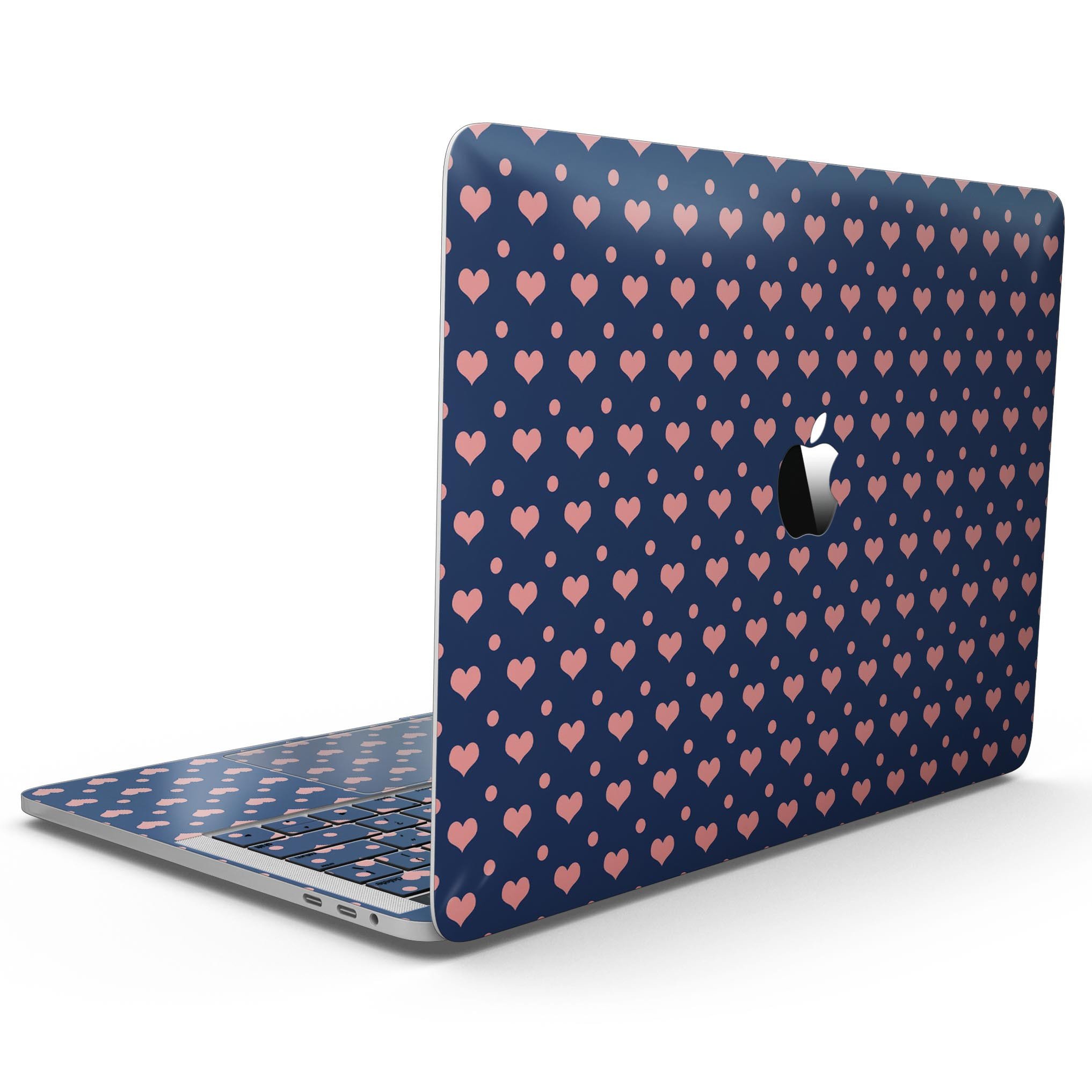 Coral Micro Hearts and Dots skin for 13" MacBook Pro without Touch Bar, showcasing vibrant patterns on a sleek device.