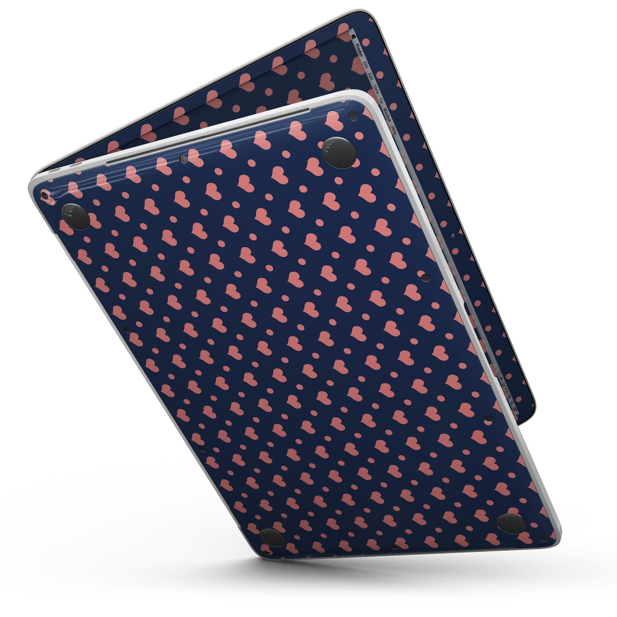 Coral Micro Hearts and Dots skin for 13" MacBook Pro without Touch Bar, showcasing vibrant patterns on a sleek device.