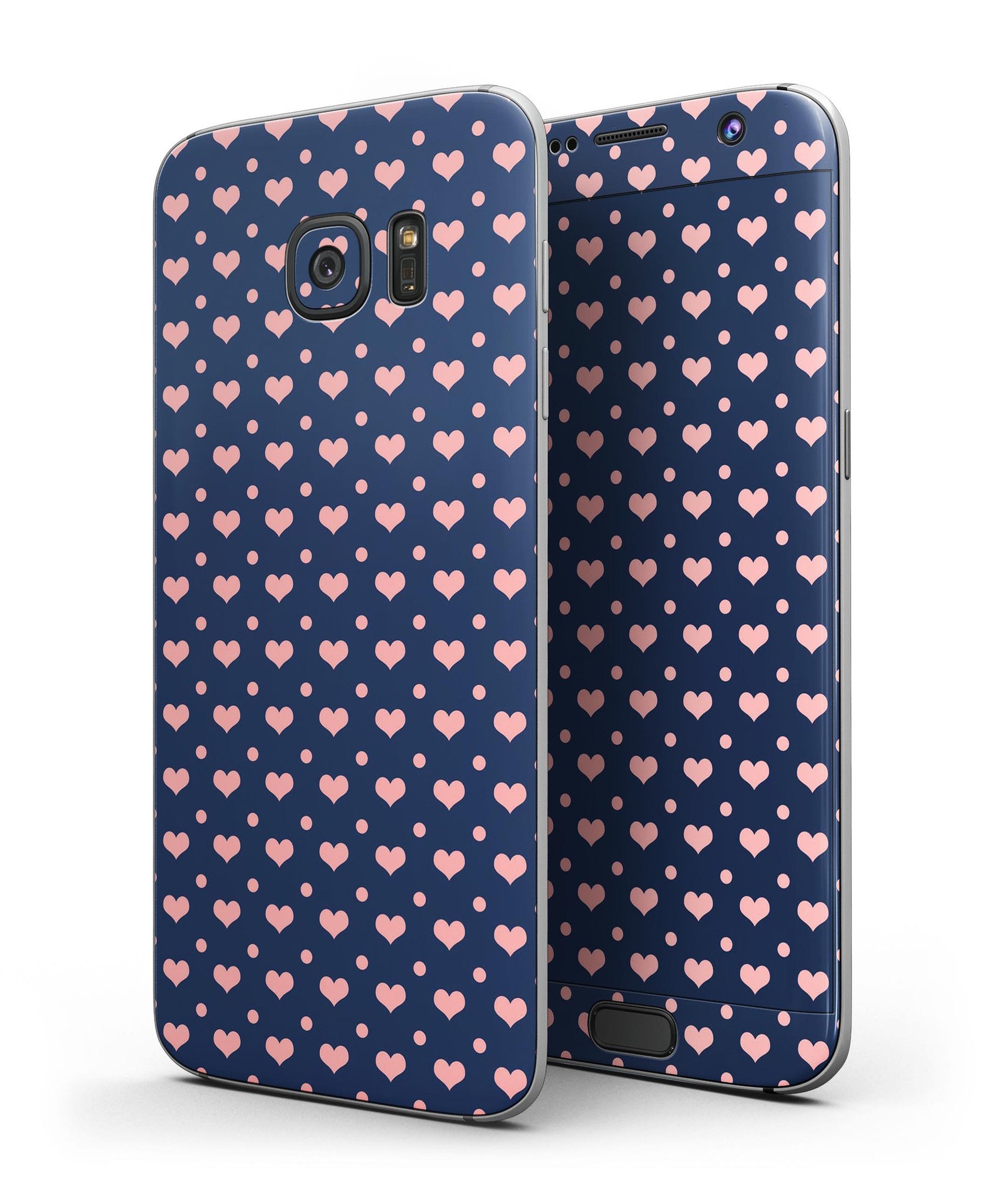 Coral Micro Hearts and Dots Skin-Kit for Samsung Galaxy S7 and S7 Edge, showcasing vibrant design and full-body coverage.