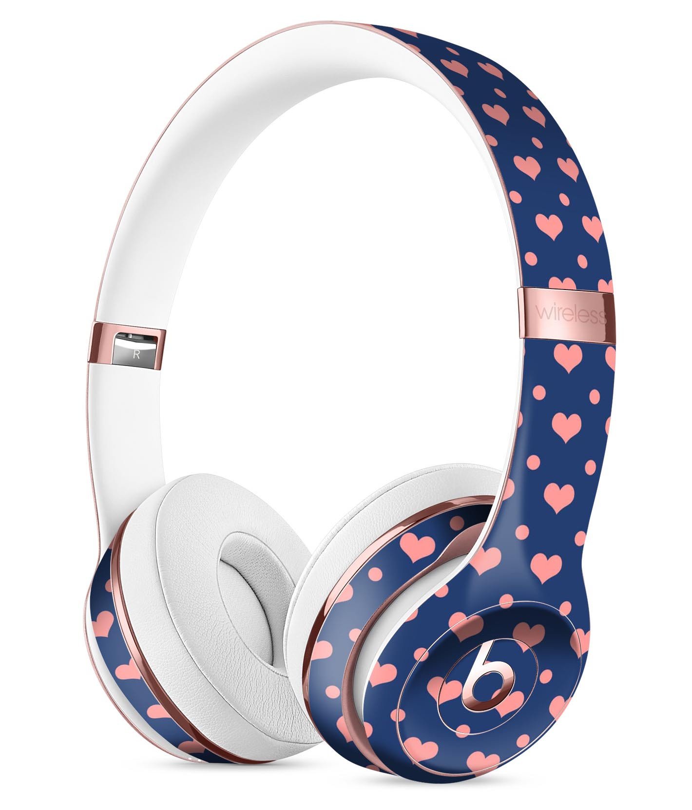 Coral Micro Hearts and Dots Skin Kit for Beats Solo 3 Wireless Headphones, showcasing a vibrant design over a navy background.