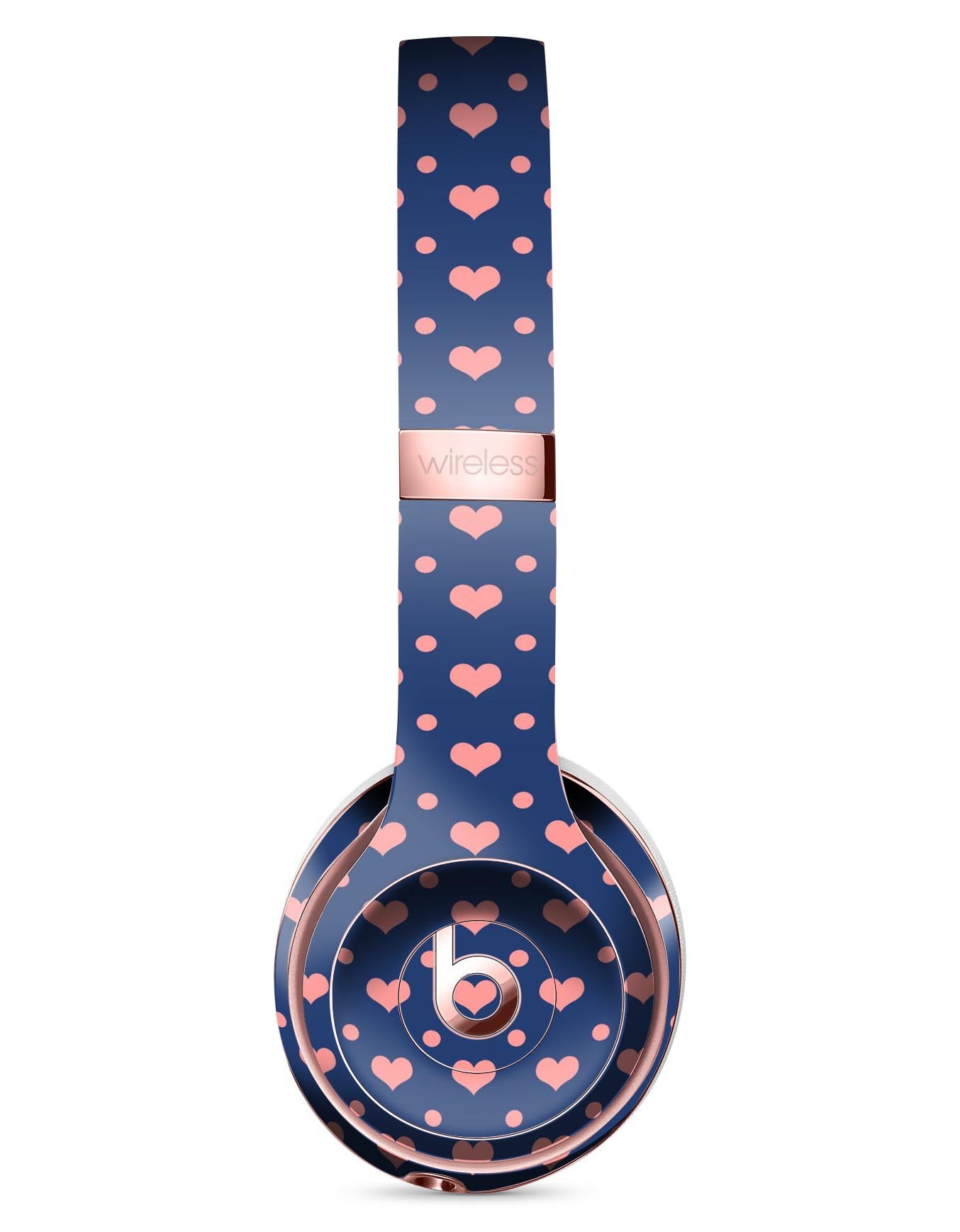 Coral Micro Hearts and Dots Skin Kit for Beats Solo 3 Wireless Headphones, showcasing a vibrant design over a navy background.