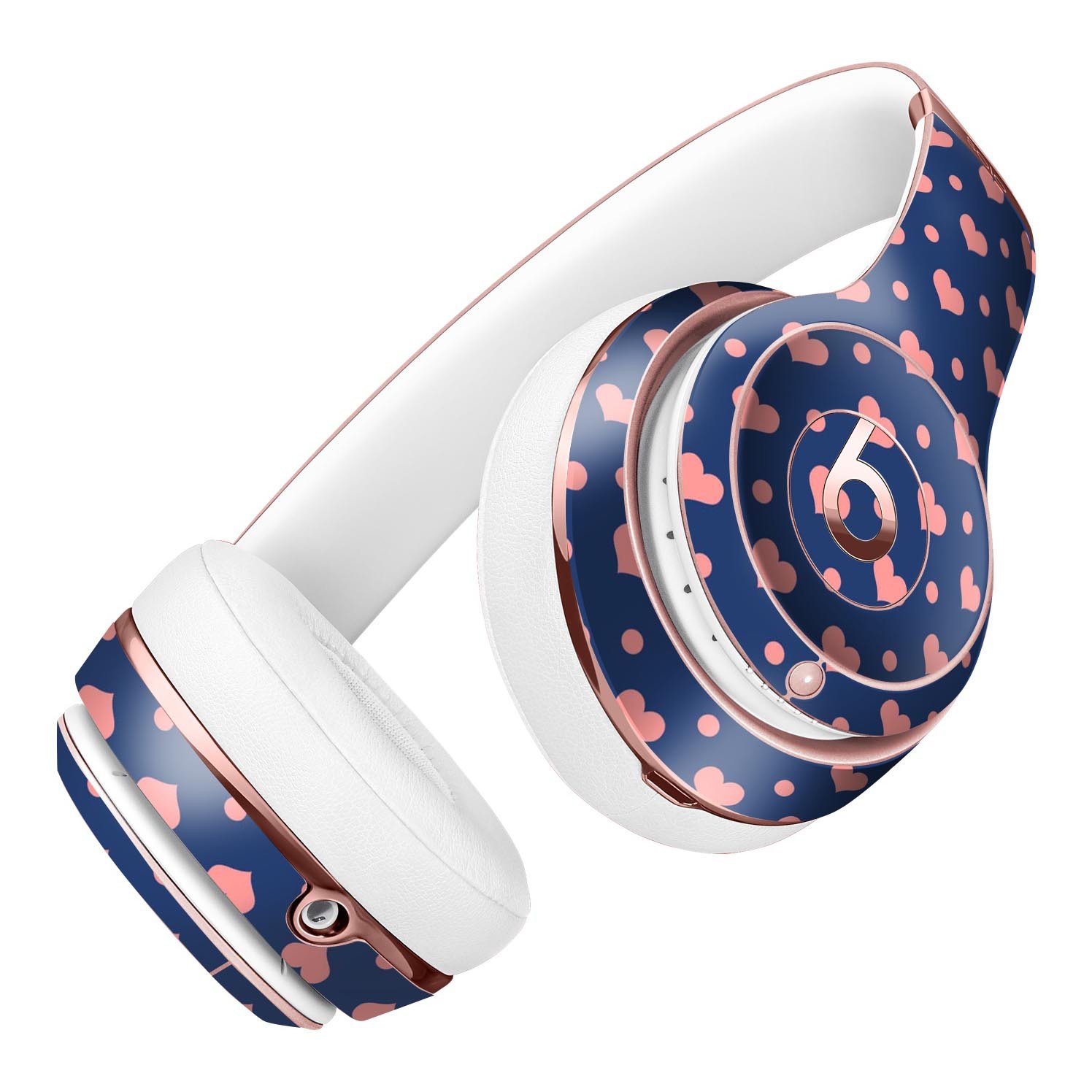 Coral Micro Hearts and Dots Skin Kit for Beats Solo 3 Wireless Headphones, showcasing a vibrant design over a navy background.