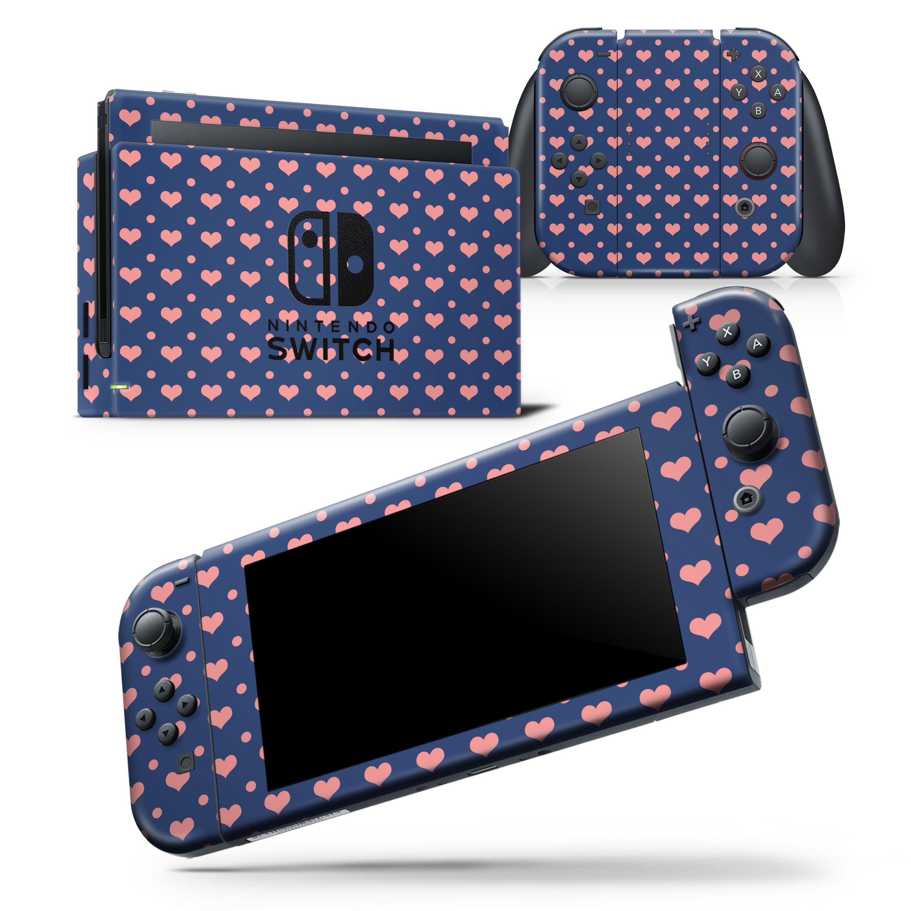 Coral Micro Hearts and Dots skin wrap decal for Nintendo Switch, showcasing a vibrant design over a navy background.