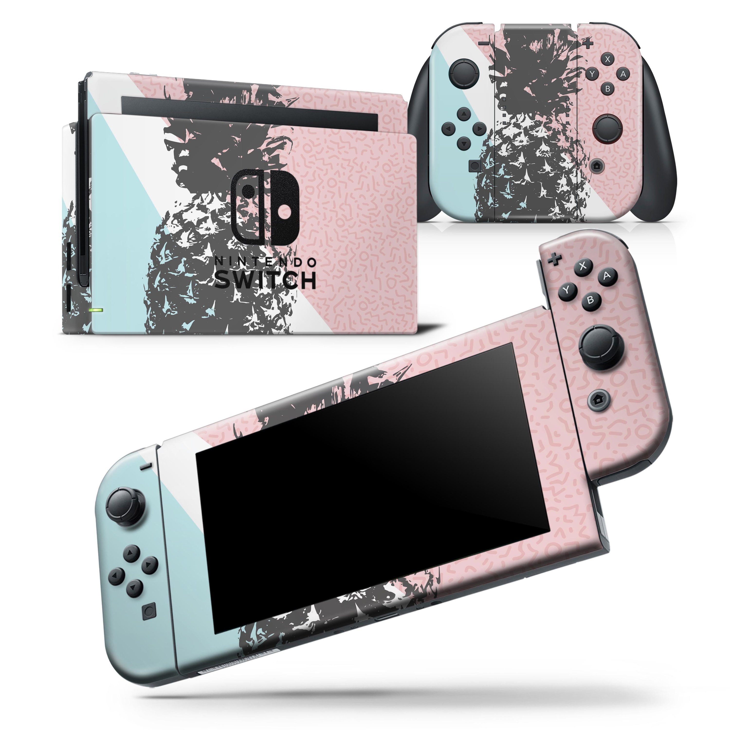 Coral Mint Summer Pineapple skin wrap decal for Nintendo Switch, showcasing vibrant colors and a snug fit on the console and controllers.