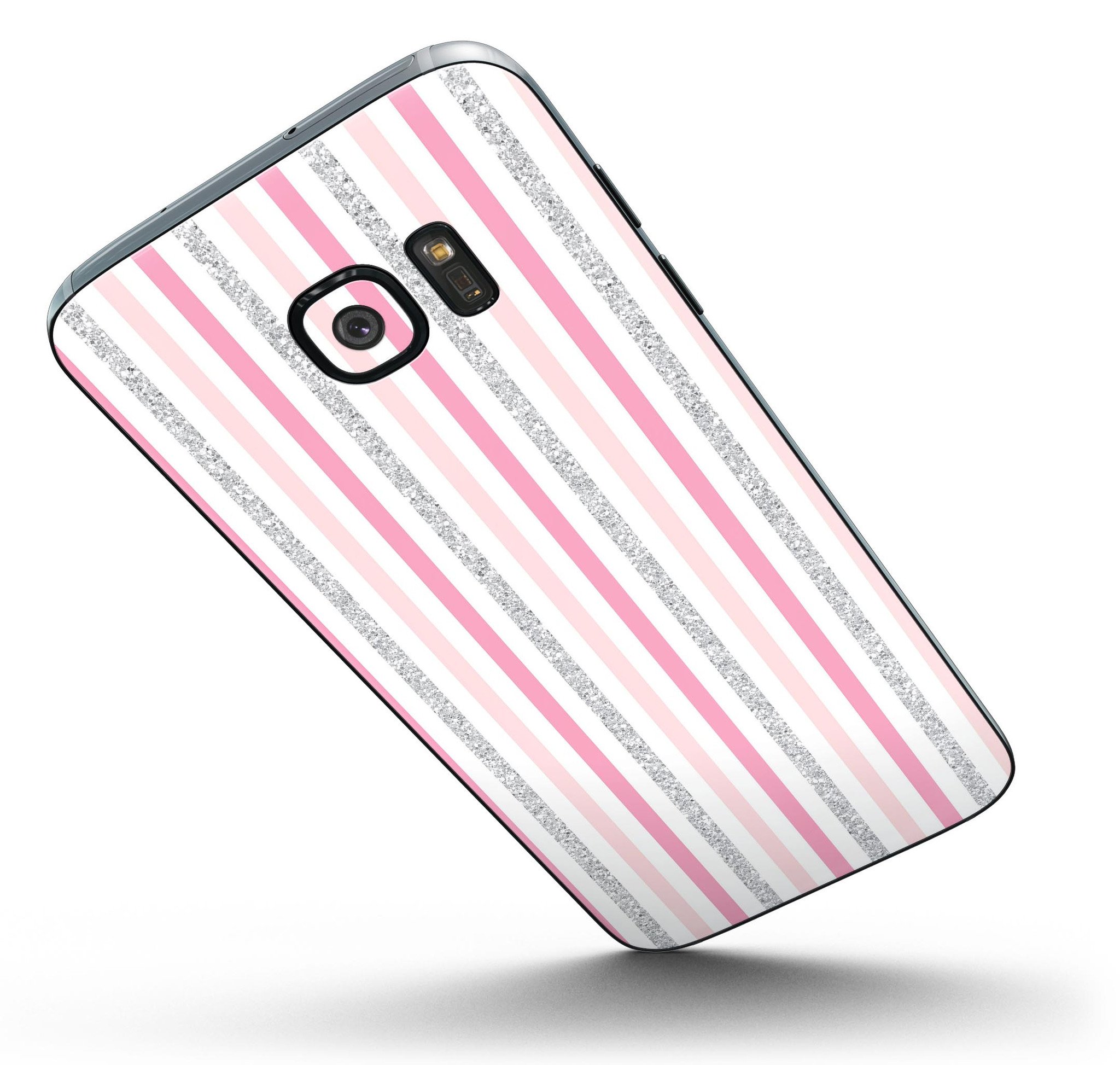 Coral pink and glitter vertical stripes skin kit for Samsung Galaxy S7 and S7 Edge, showcasing a stylish design with full-body coverage.