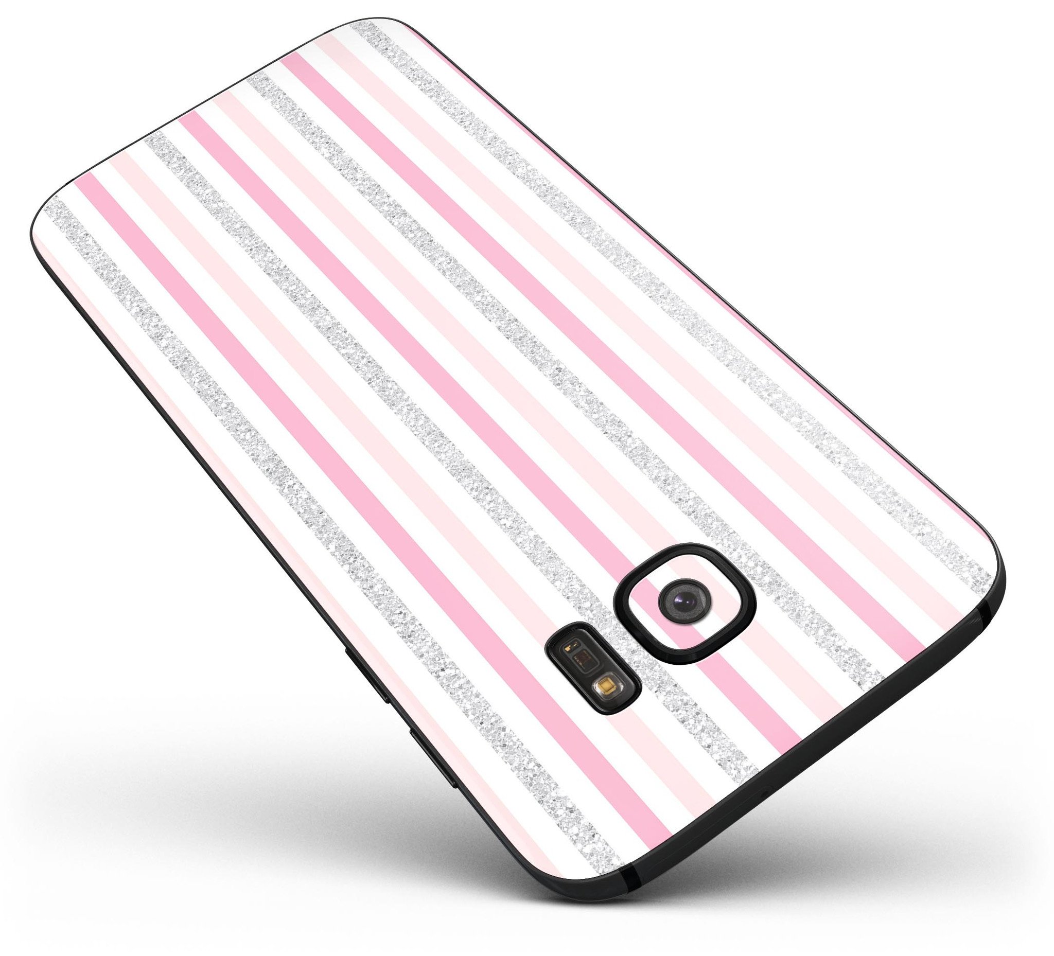 Coral pink and glitter vertical stripes skin kit for Samsung Galaxy S7 and S7 Edge, showcasing a stylish design with full-body coverage.