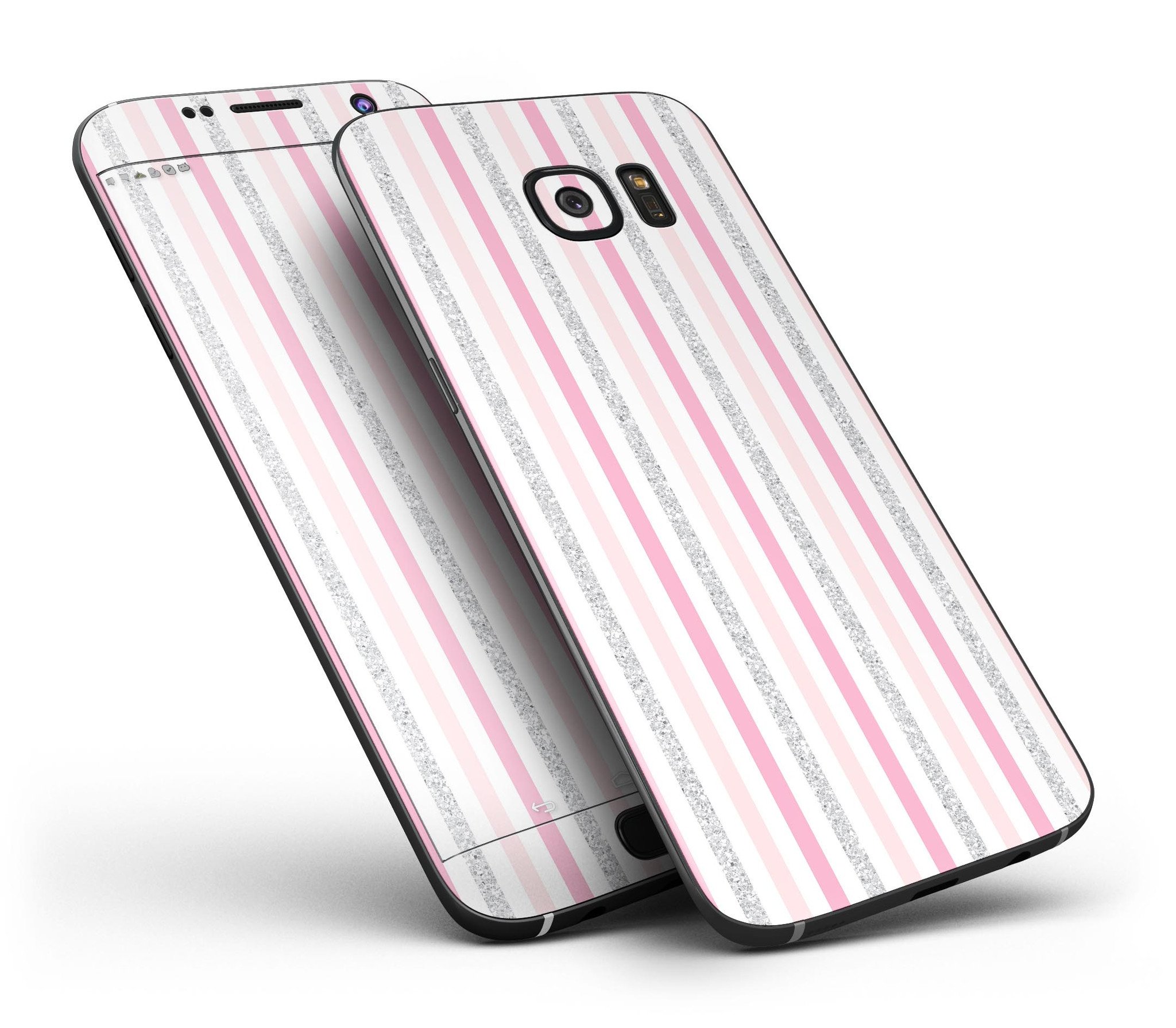 Coral pink and glitter vertical stripes skin kit for Samsung Galaxy S7 and S7 Edge, showcasing a stylish design with full-body coverage.