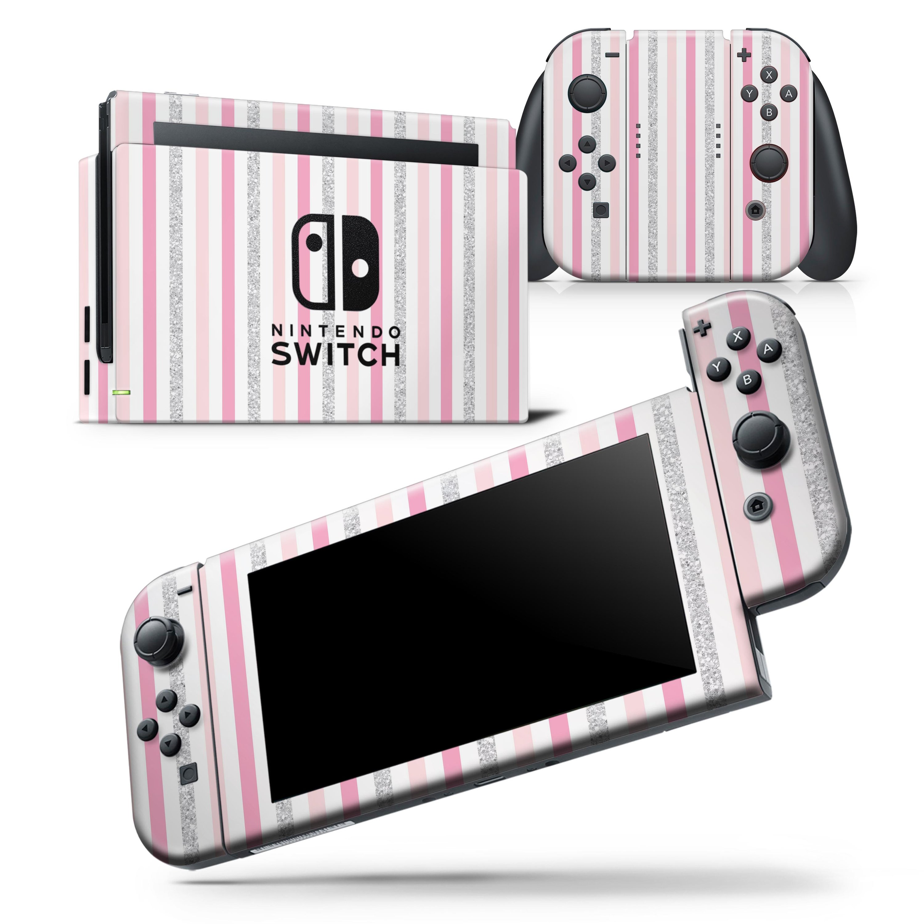 Coral pink and glitter vertical stripes skin wrap decal for Nintendo Switch, showcasing a stylish design that fits snugly on the console and controllers.
