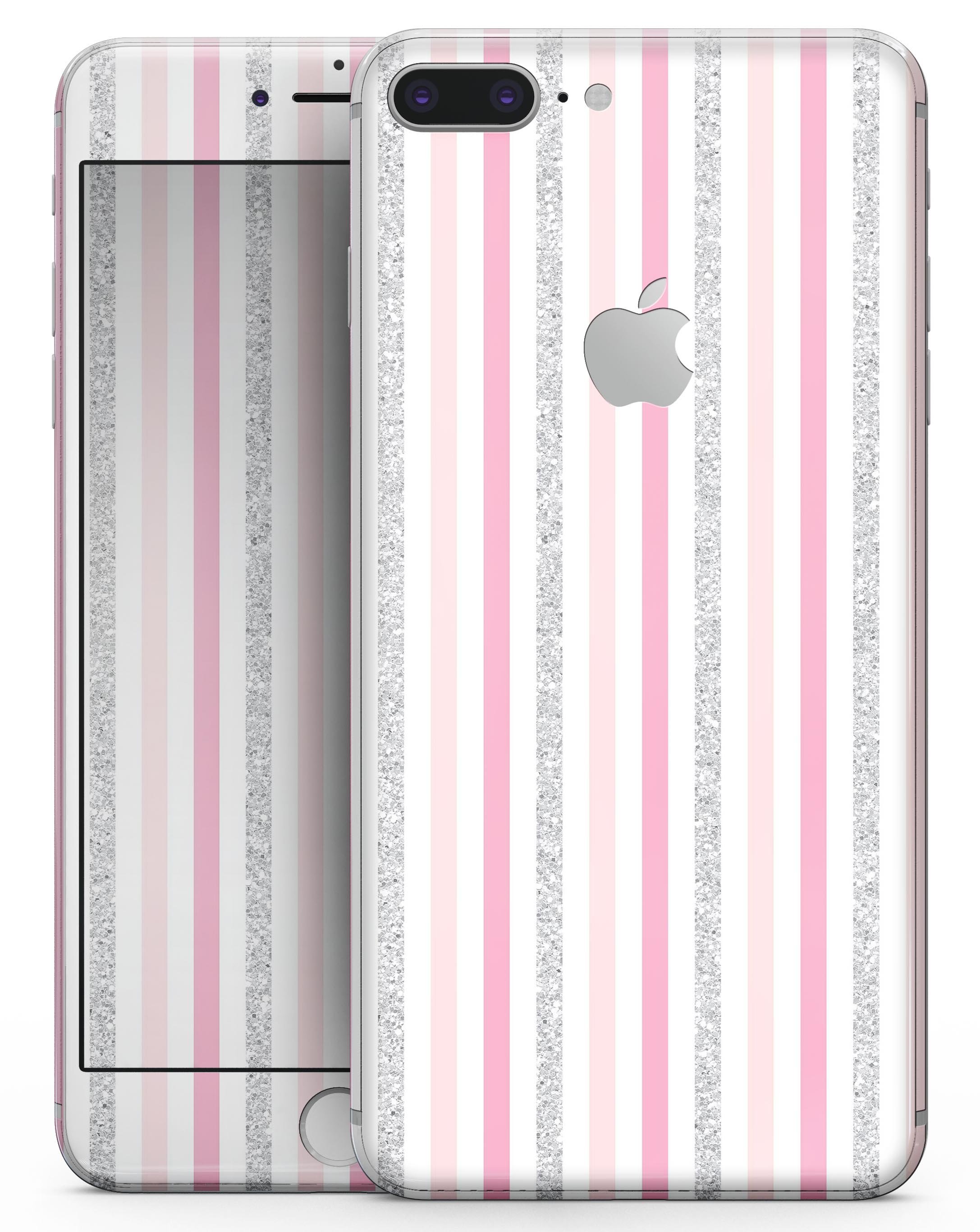 Coral pink and glitter vertical stripes skin for iPhone 8 or 8 Plus, showcasing vibrant colors and stylish design.