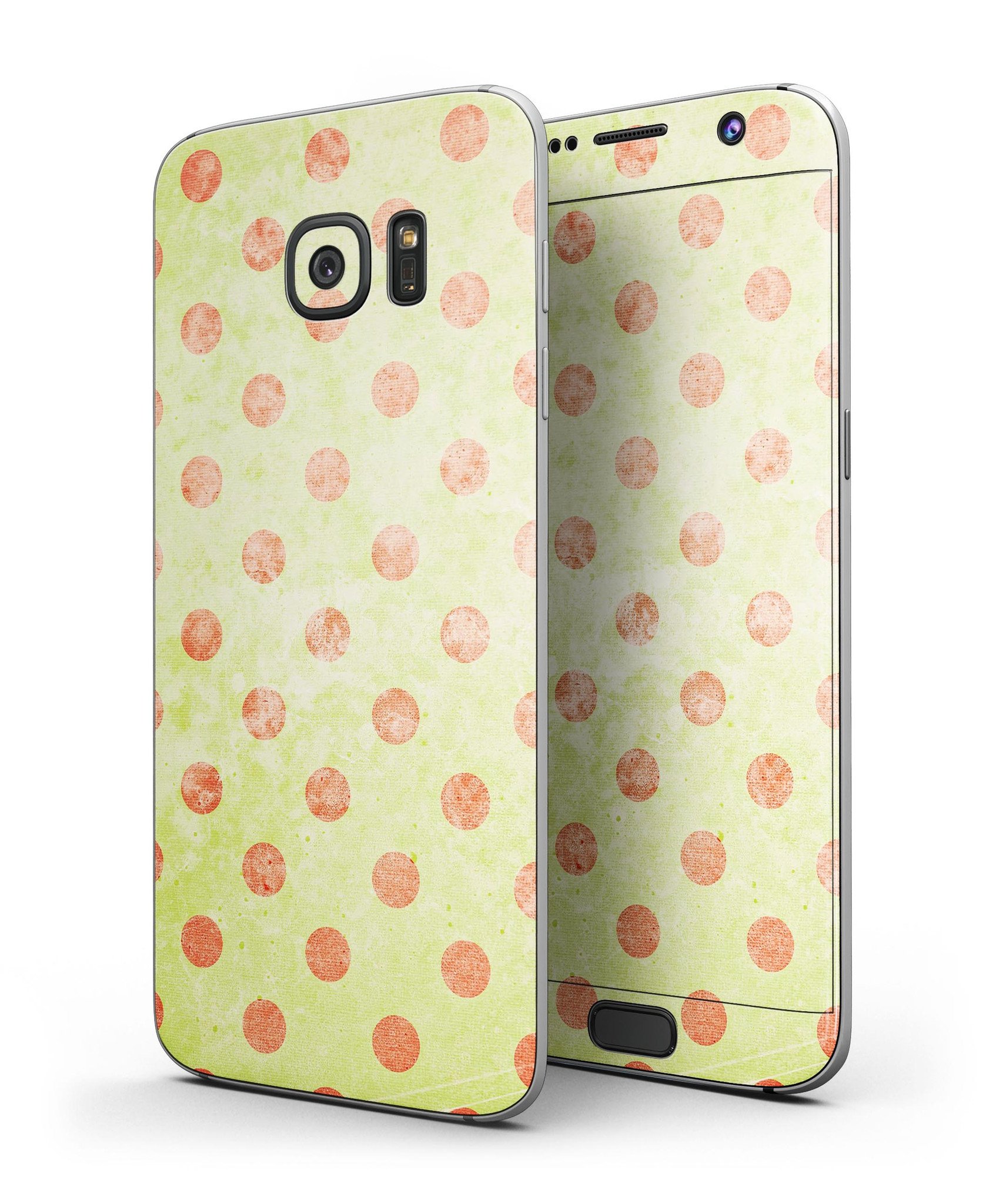 Coral Polka Dots Over Grunge Yellow skin kit for Samsung Galaxy S7/S7 Edge, showcasing vibrant colors and unique design.