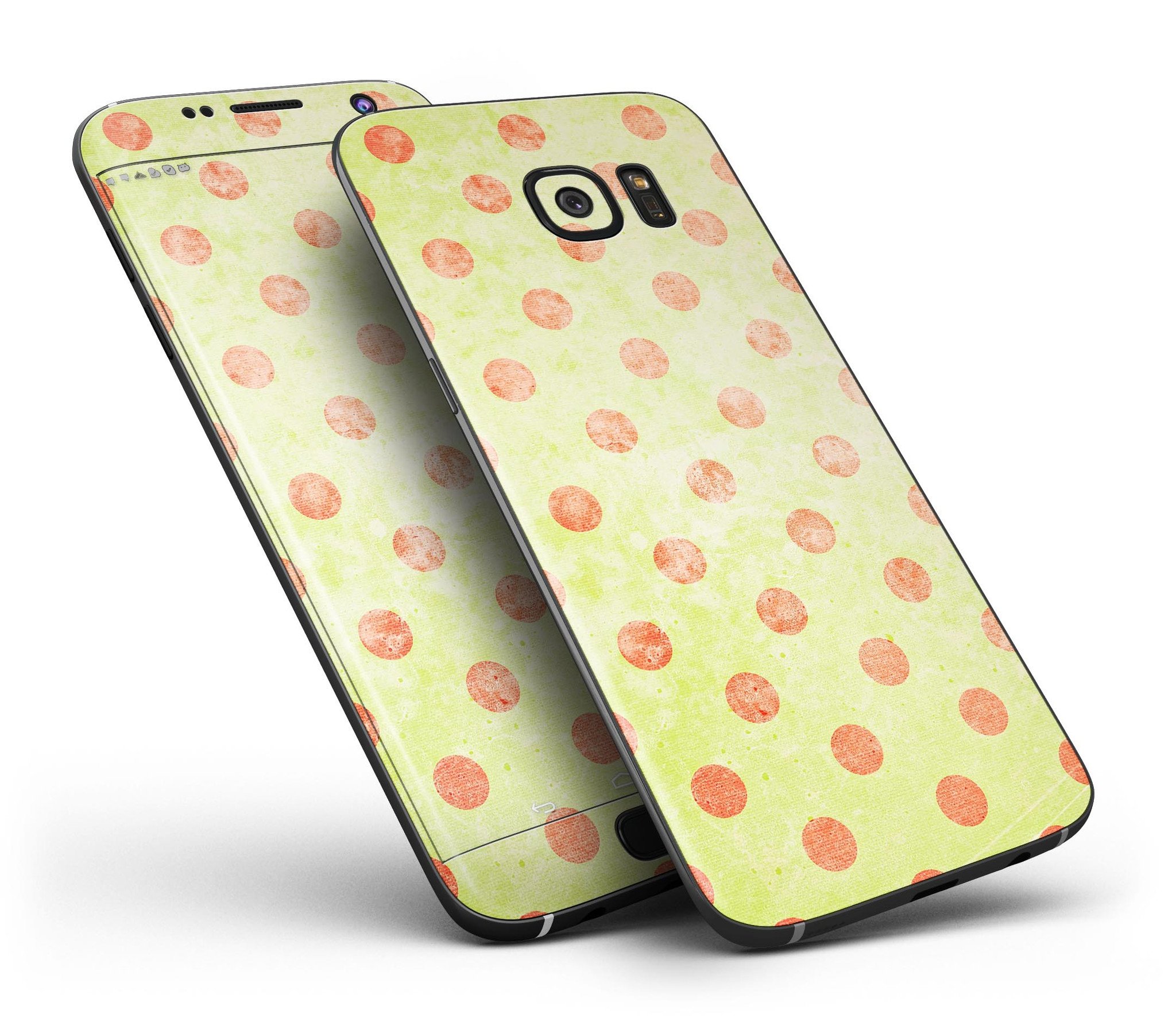 Coral Polka Dots Over Grunge Yellow skin kit for Samsung Galaxy S7/S7 Edge, showcasing vibrant colors and unique design.
