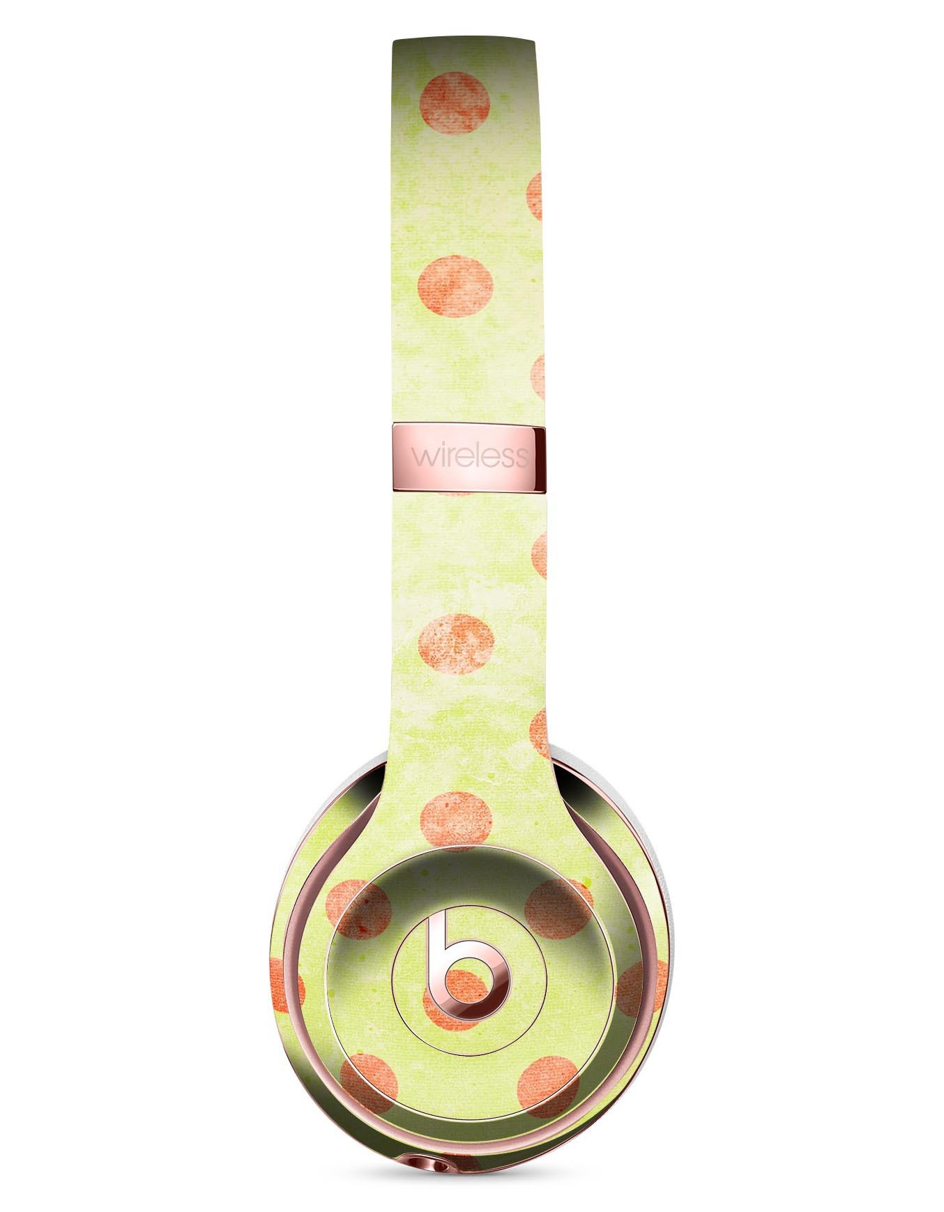 Coral polka dots design on grunge yellow full-body skin kit for Beats by Dre Solo 3 Wireless Headphones, showcasing vibrant colors and stylish patterns.