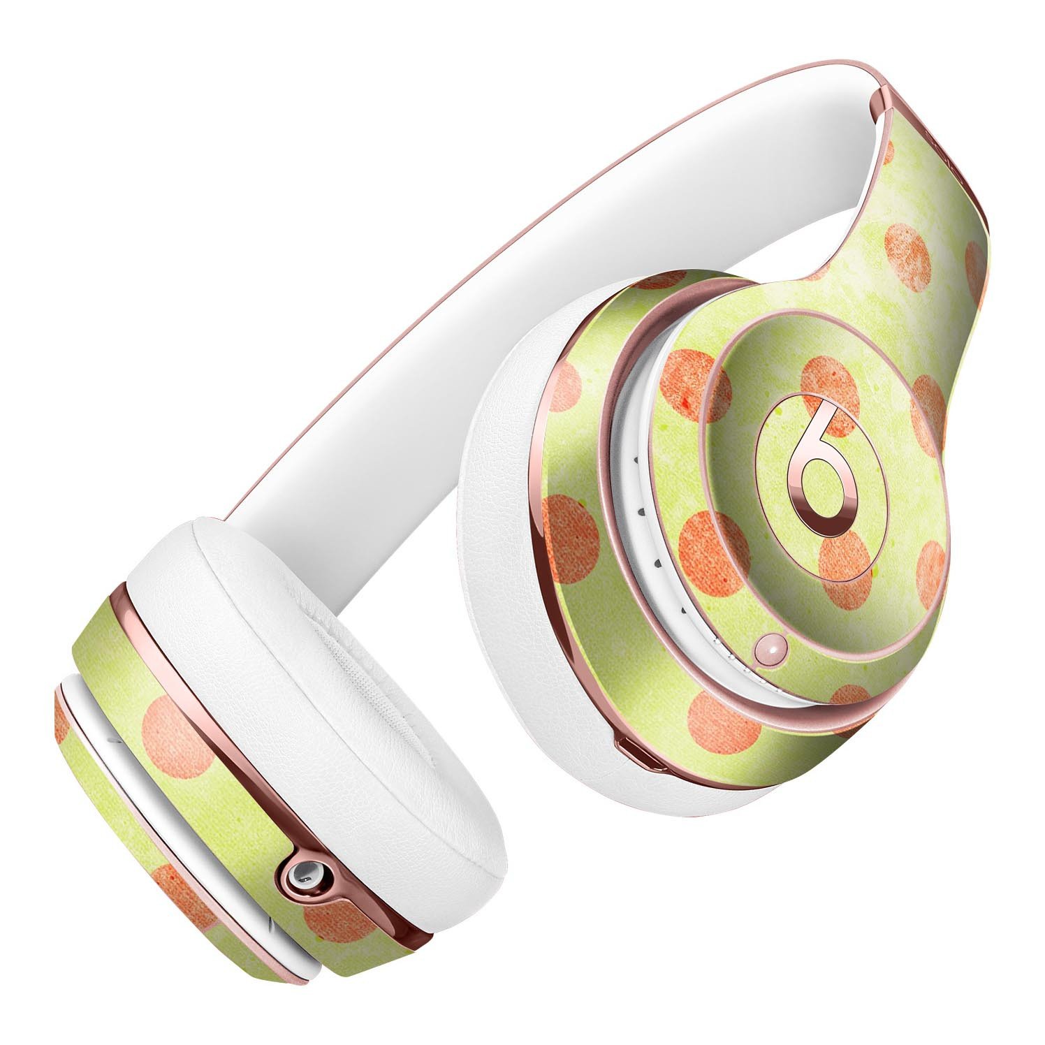 Coral polka dots design on grunge yellow full-body skin kit for Beats by Dre Solo 3 Wireless Headphones, showcasing vibrant colors and stylish patterns.