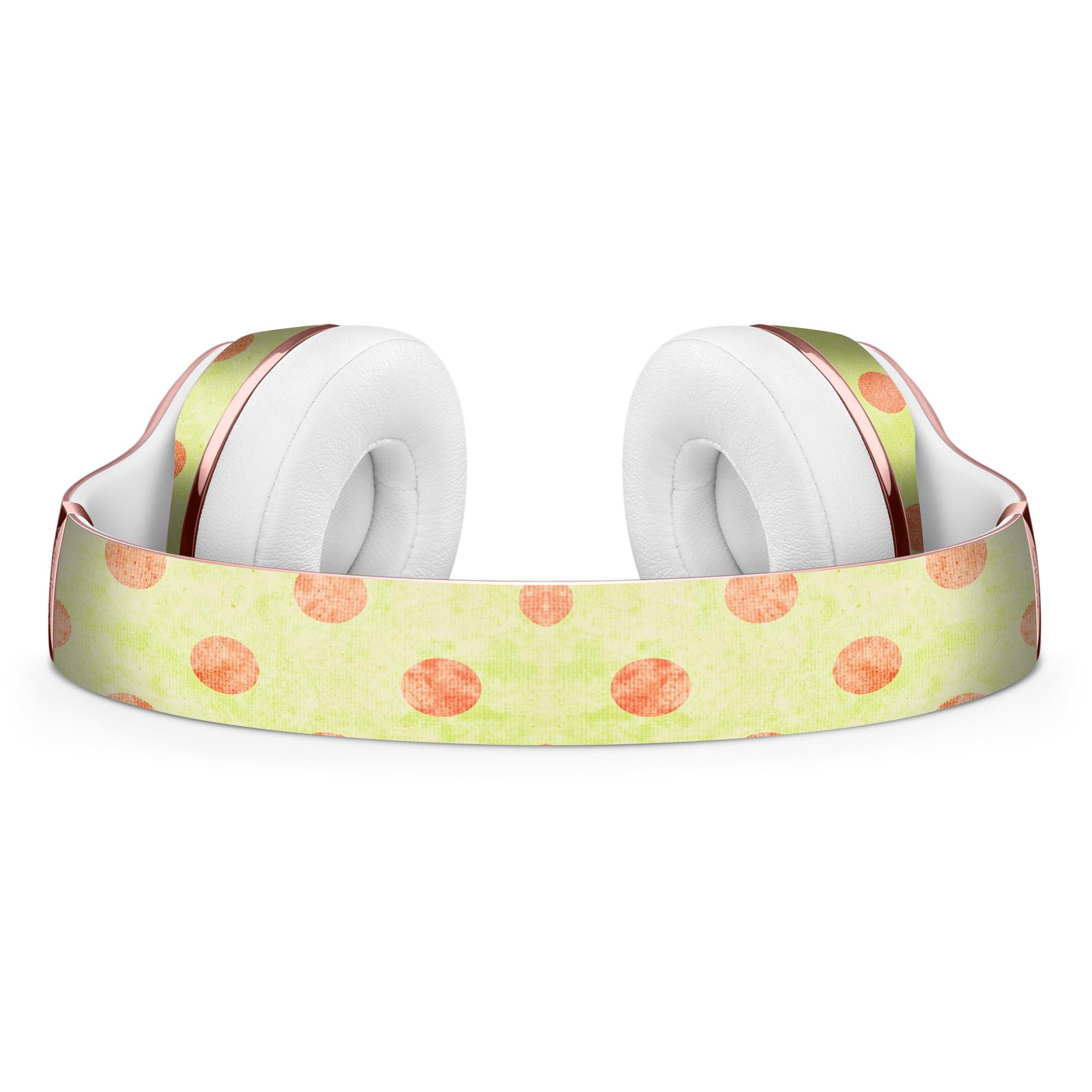 Coral polka dots design on grunge yellow full-body skin kit for Beats by Dre Solo 3 Wireless Headphones, showcasing vibrant colors and stylish patterns.