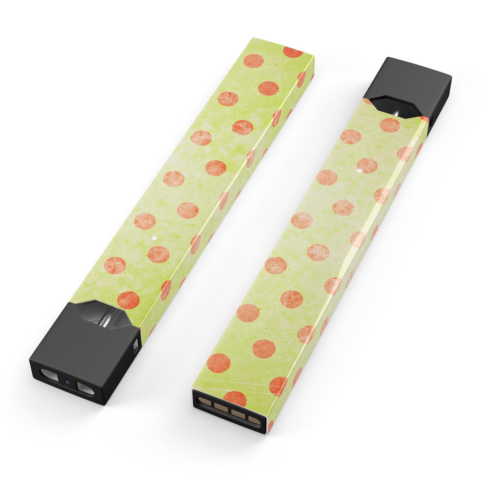 Coral Polka Dots Over Grunge Yellow decal skin for JUUL vaping device, showcasing vibrant colors and unique design.