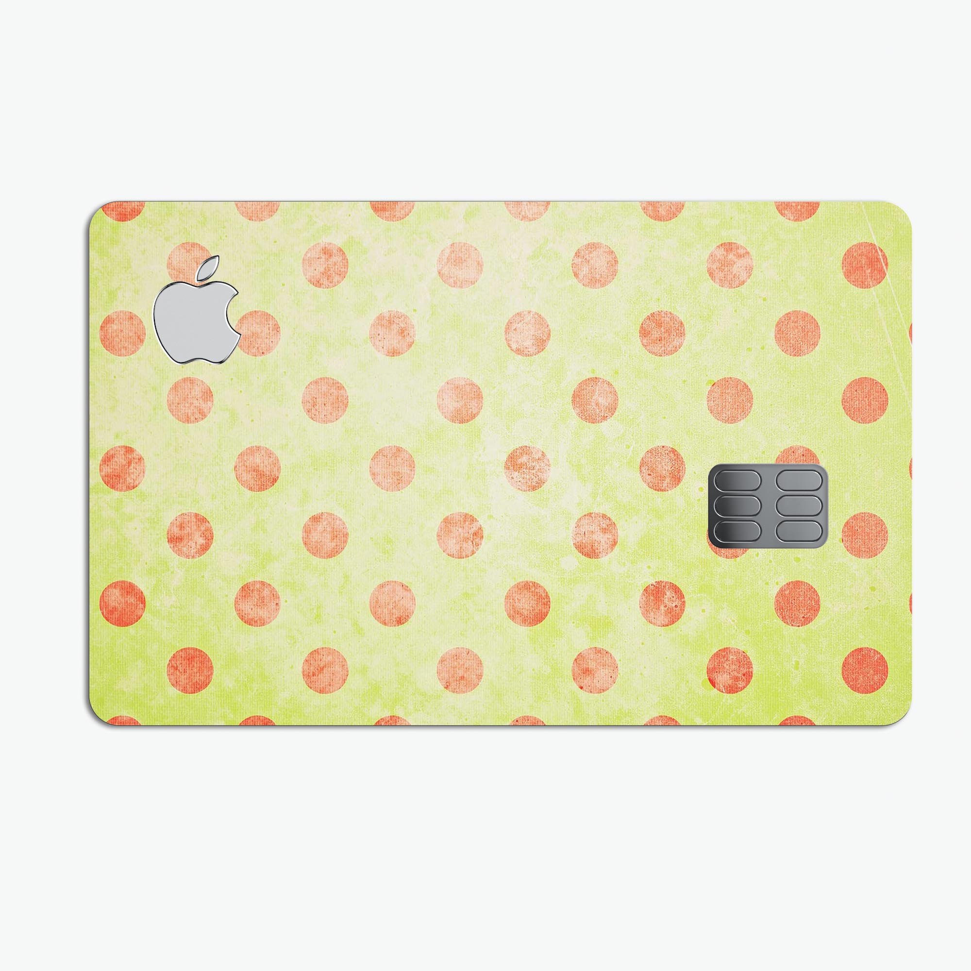 Coral Polka Dots Over Grunge Yellow decal on an Apple Card, showcasing vibrant design and premium quality.