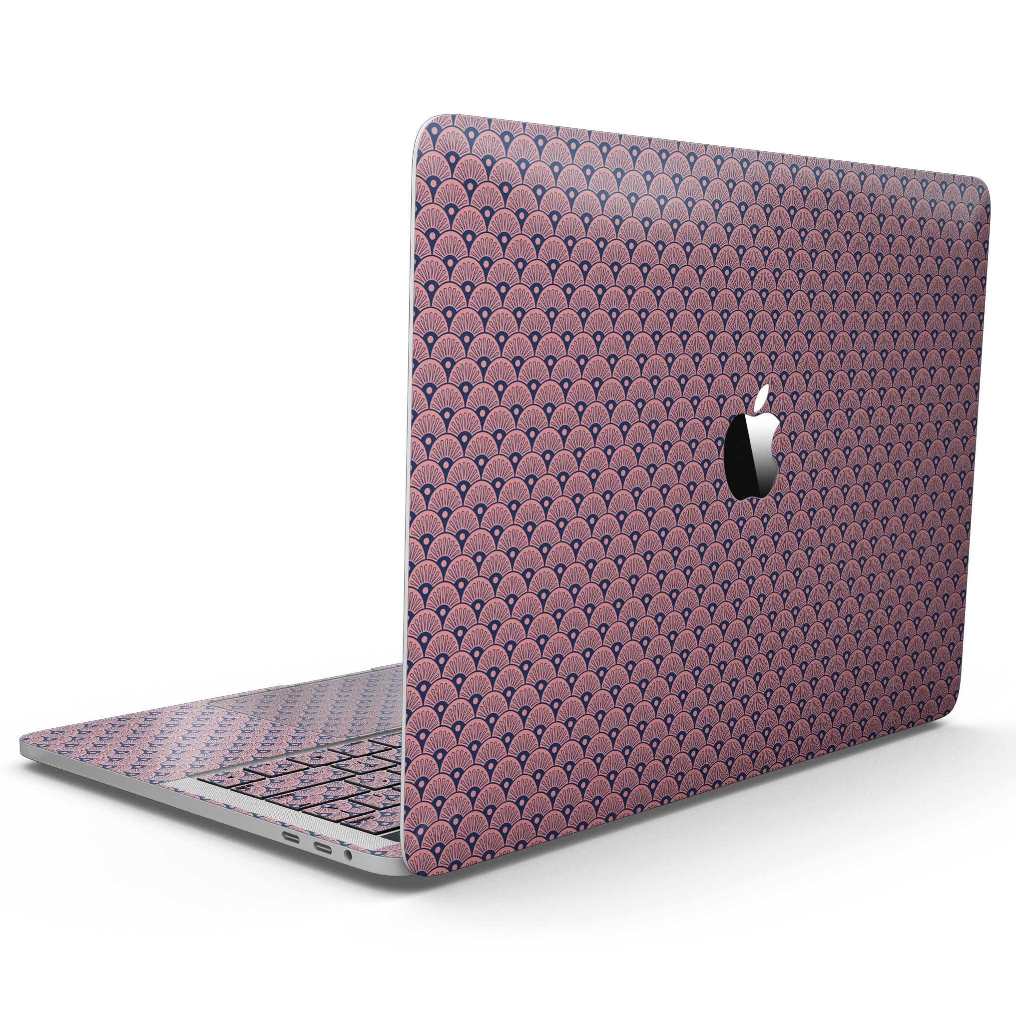 Coral SemiCircles skin for 13" MacBook Pro without Touch Bar, showcasing vibrant coral design on a navy background.