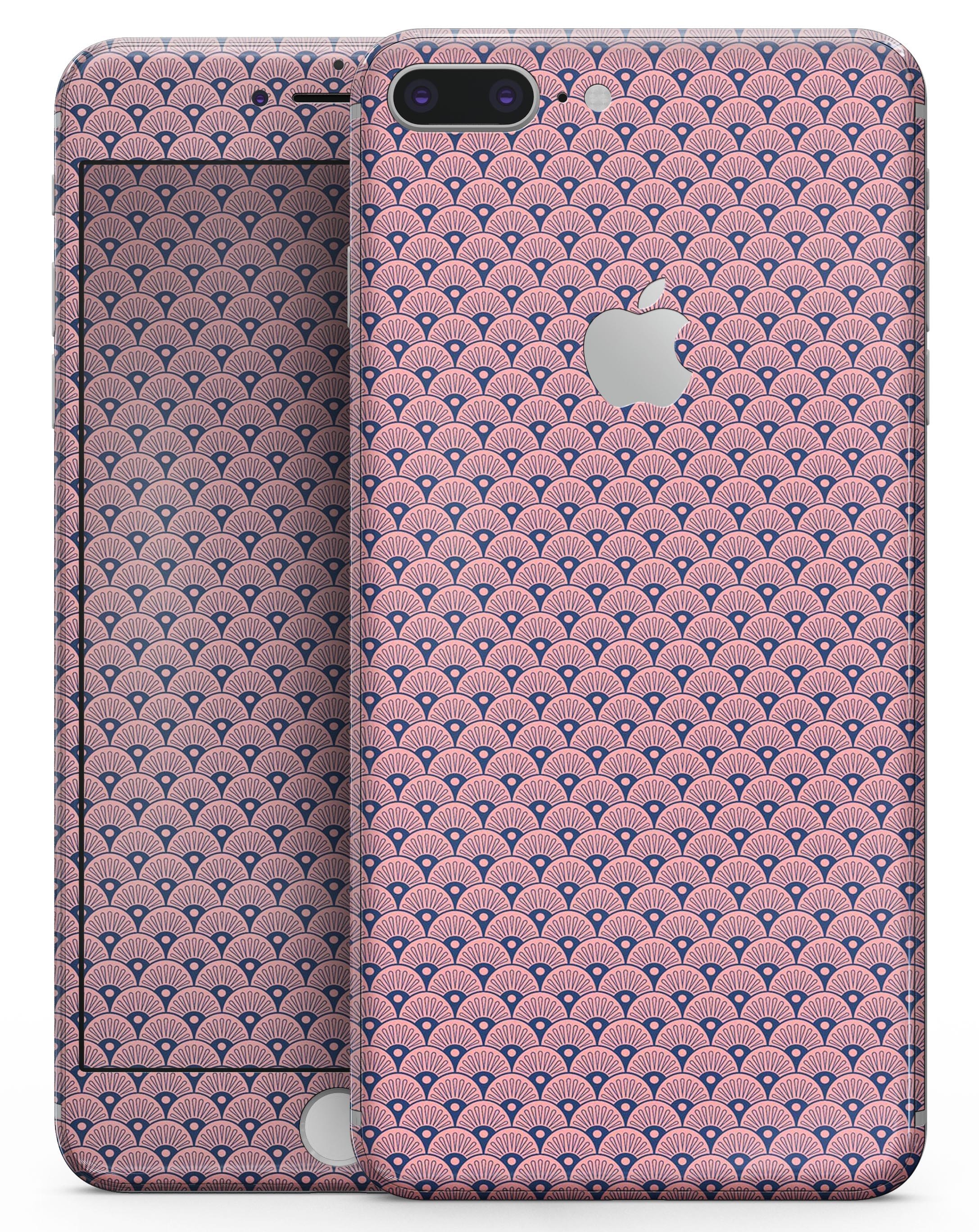 Coral SemiCircles Skin-kit for iPhone 8 and 8 Plus, showcasing vibrant coral design on a navy background.