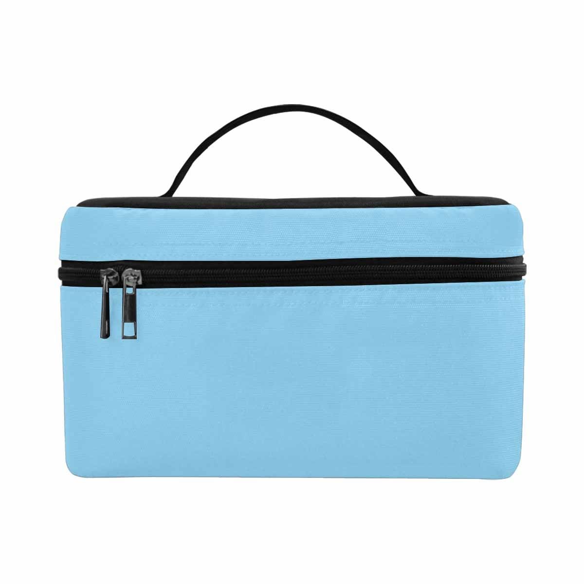 Light blue cosmetic bag with multiple compartments, stylish design, and secure zipper closure, perfect for travel and organization.