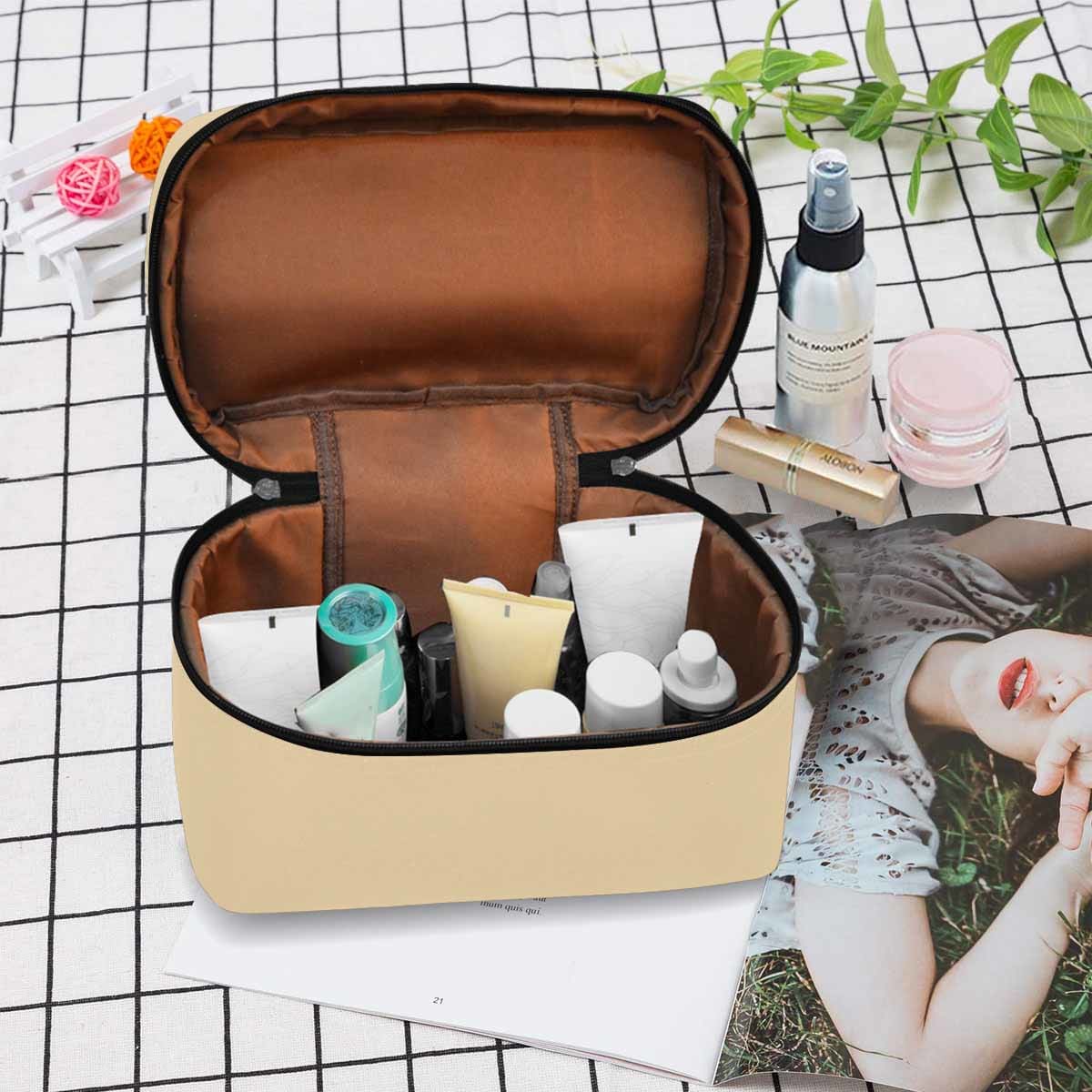 Stylish peach cosmetic bag with multiple compartments and secure zipper closure, perfect for organizing beauty essentials.
