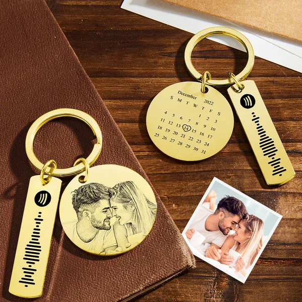 Personalized Couple Photo KeyChain with engraved date and Spotify code, made of durable stainless steel.