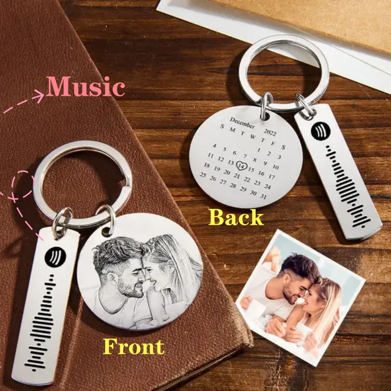 Personalized Couple Photo KeyChain with engraved date and Spotify code, made of durable stainless steel.