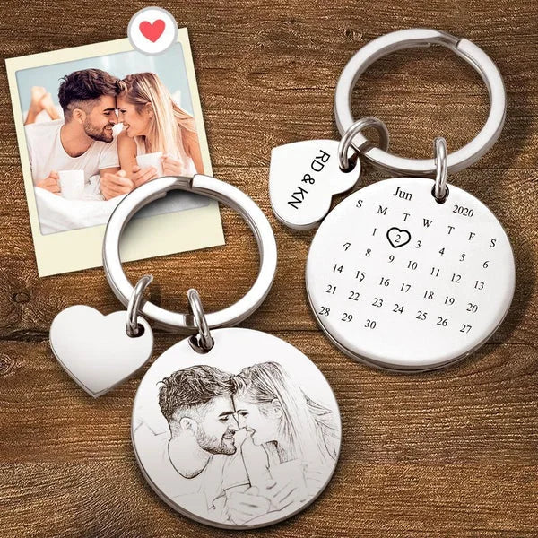 Personalized Couple Photo KeyChain with engraved date and Spotify code, made of durable stainless steel.