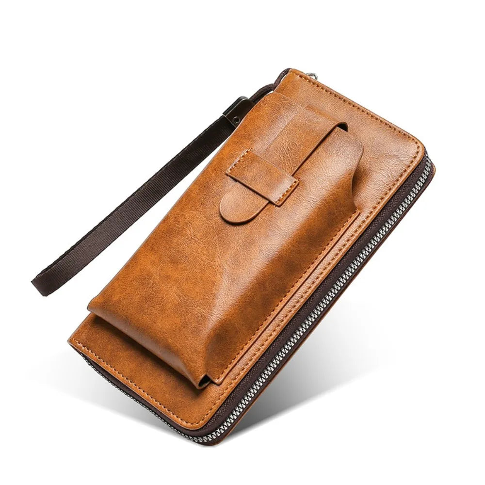 A stylish cowhide long wallet made of soft leather, featuring a large capacity for coins and cards, showcasing its elegant design.